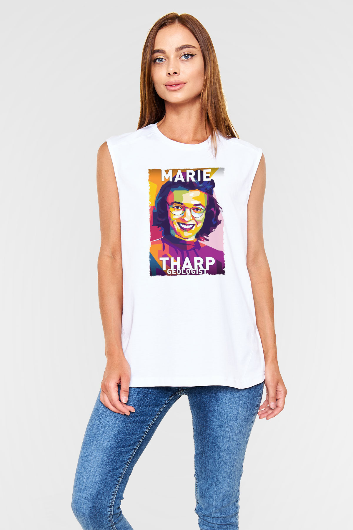 Marie Tharp Baskılı Unisex Kolsuz Beyaz Tişört - Tshirt