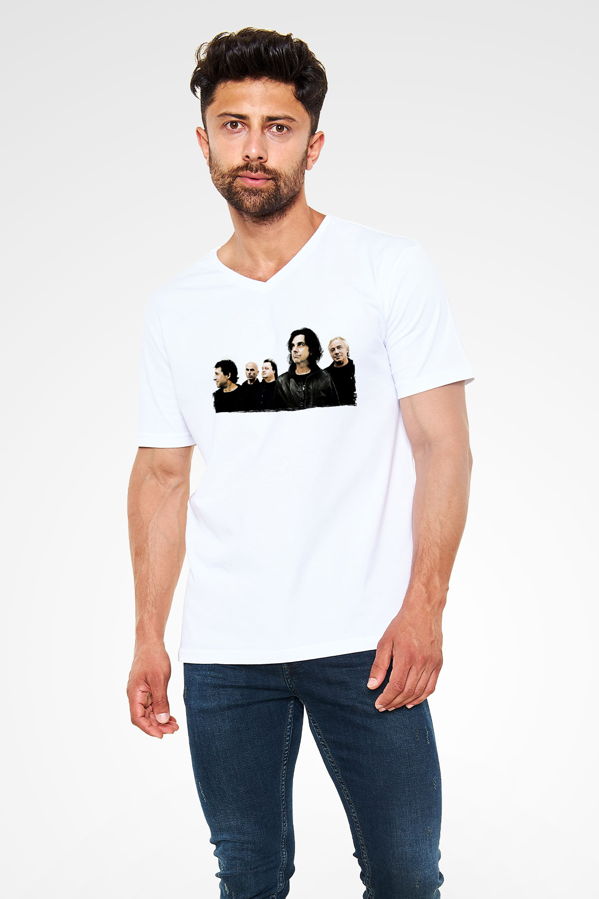 Marillion Baskılı Beyaz Unisex V Yaka Tişört - Tshirt