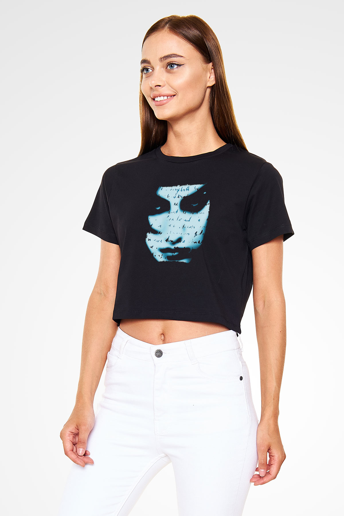 Marillion Baskılı Siyah Crop Top Kadın Tişört - Tshirt