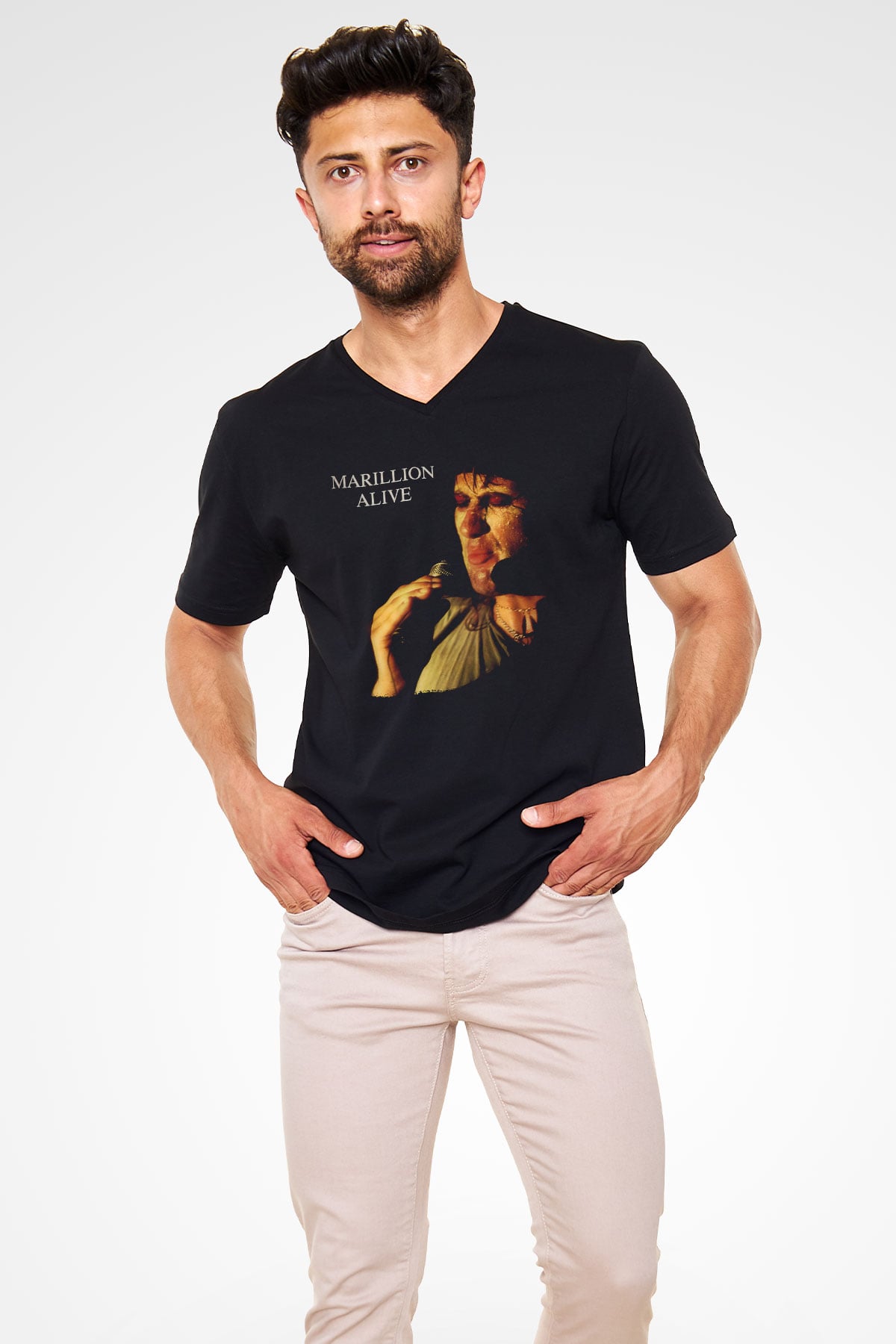 Marillion Baskılı Unisex Siyah V Yaka Tişört - Tshirt