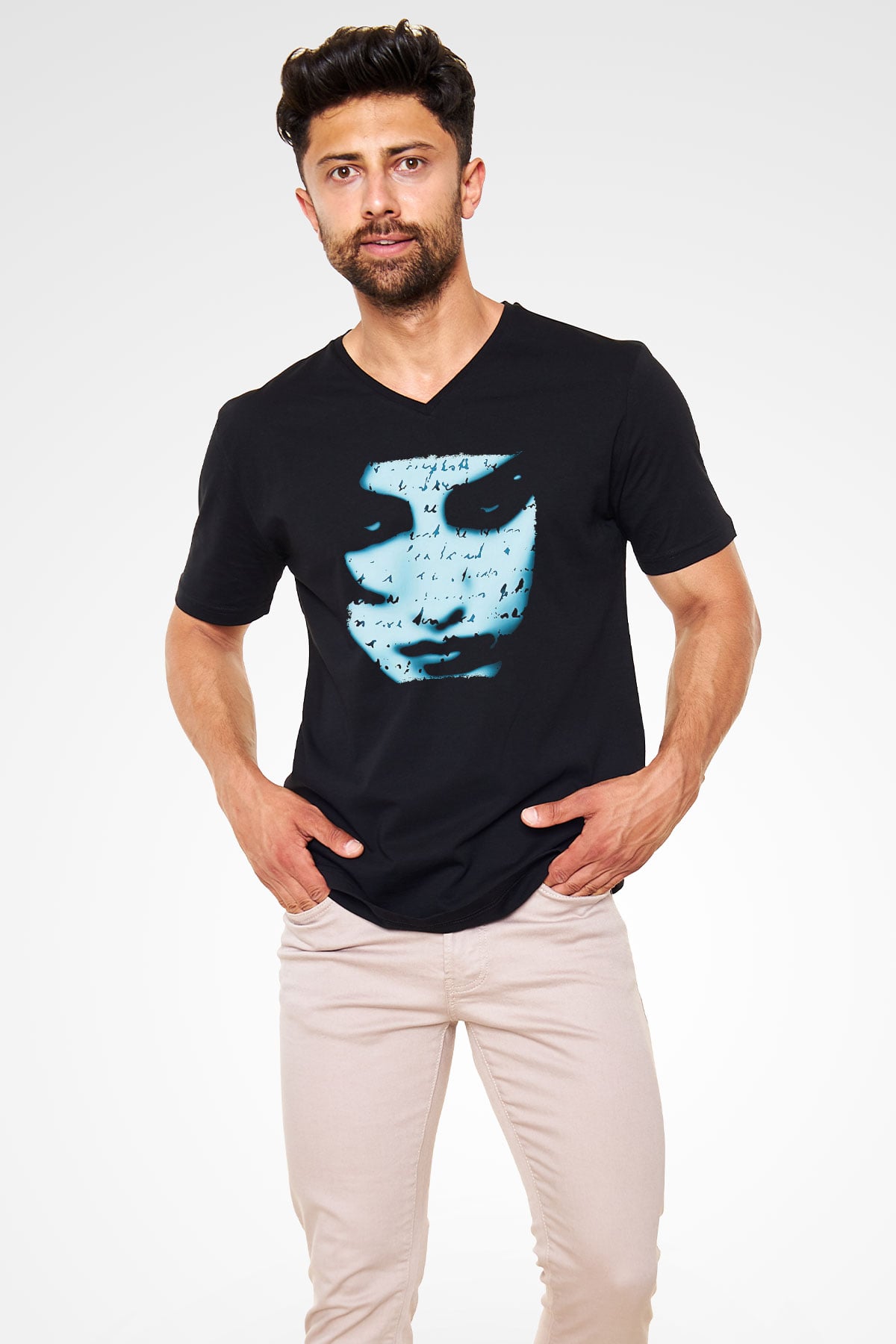 Marillion Baskılı Unisex Siyah V Yaka Tişört - Tshirt