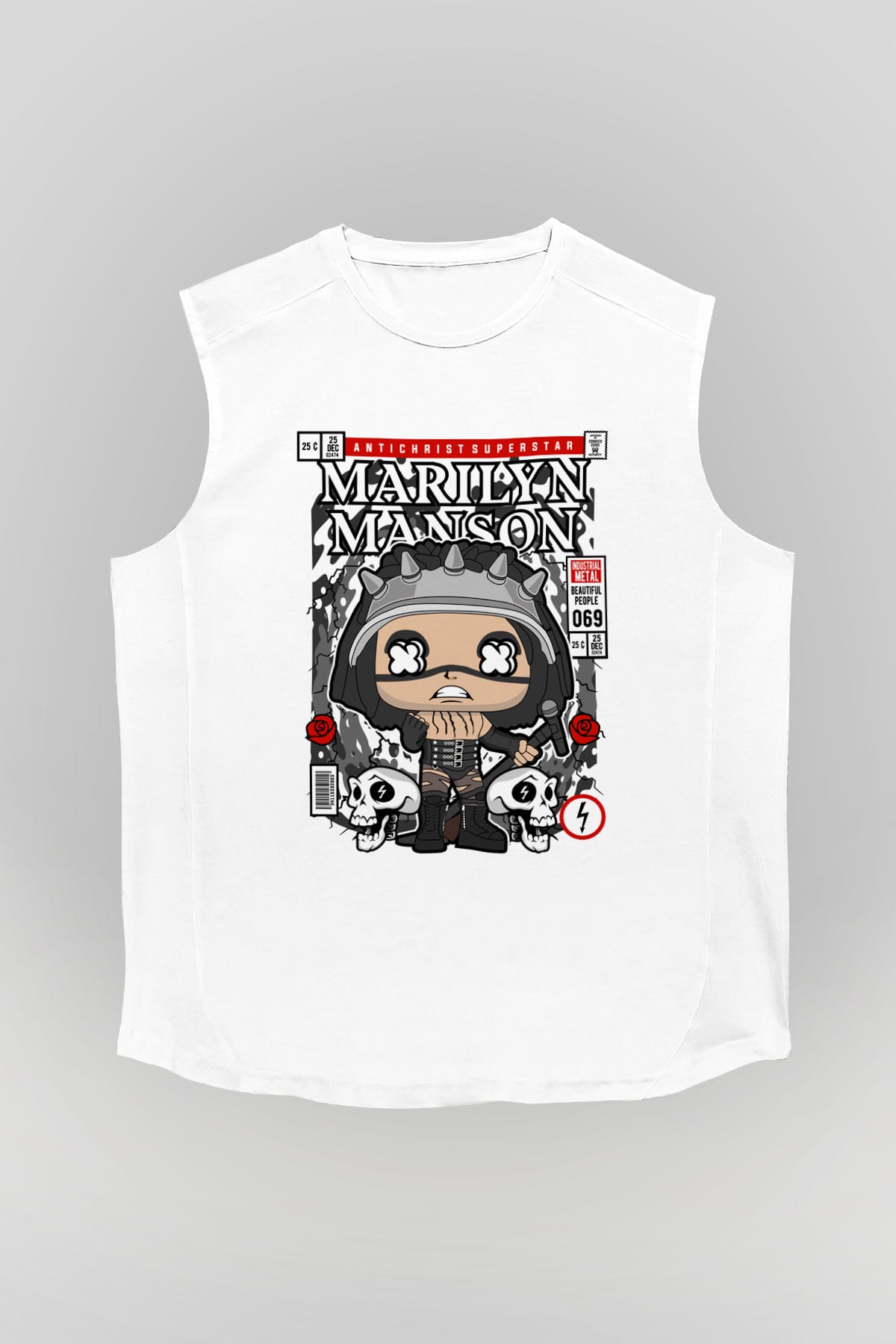 Marilyn Manson Baskılı Unisex Beyaz Kolsuz Tişört