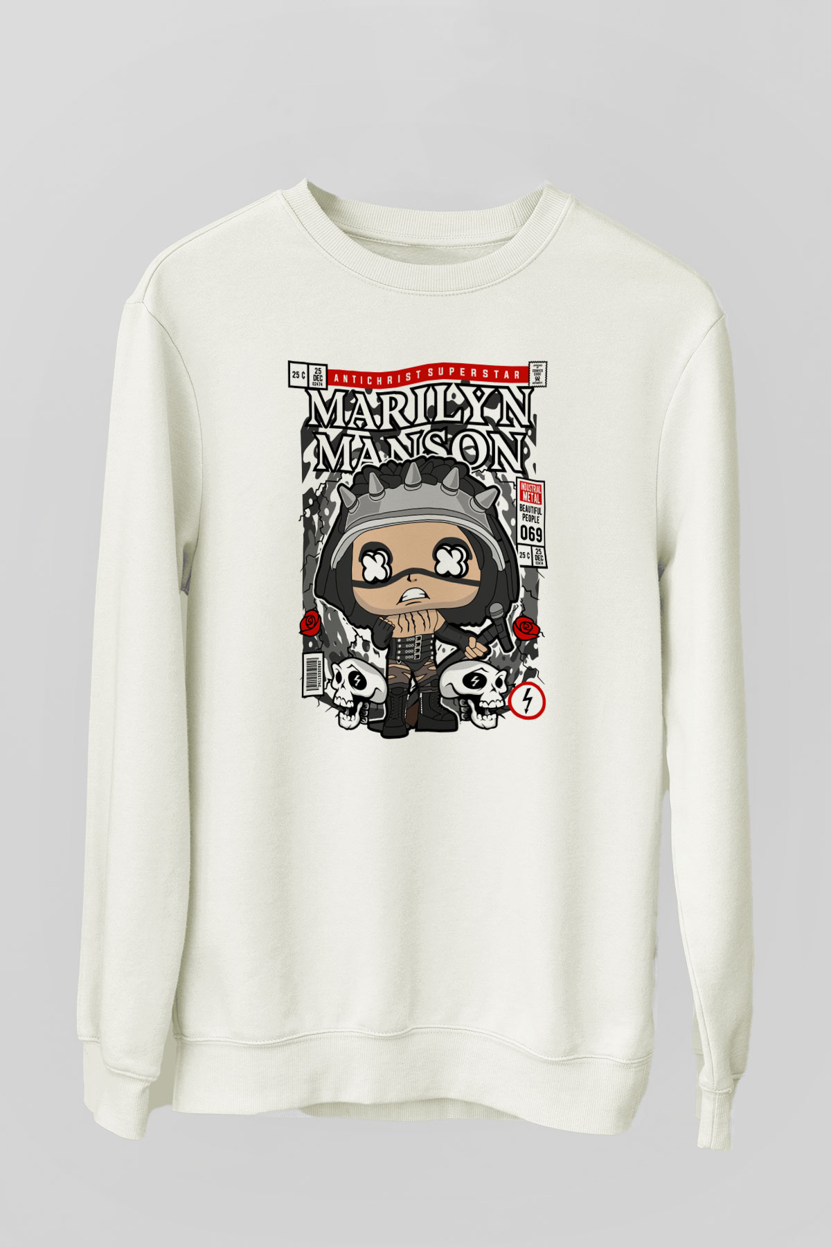 Marilyn Manson Baskılı Unisex Beyaz Sweatshirt