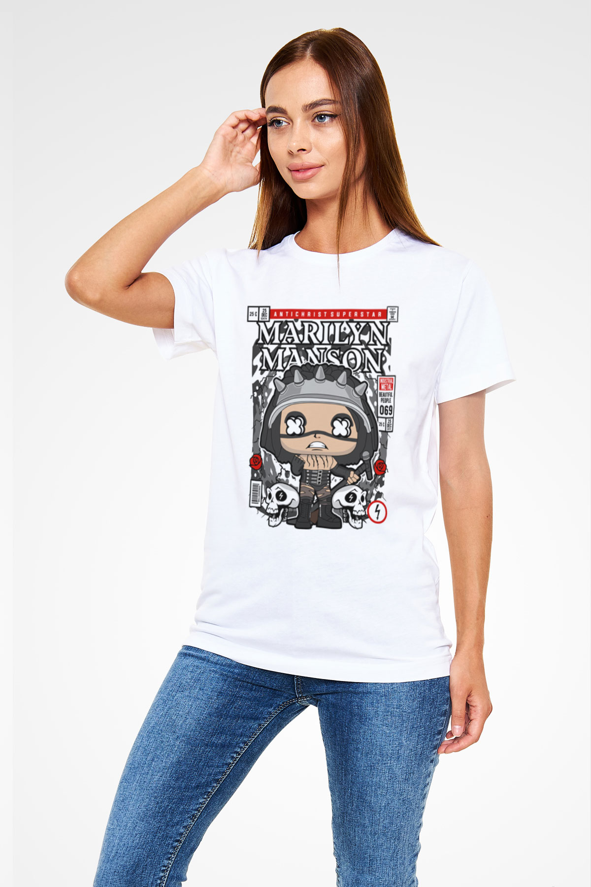 Marilyn Manson Baskılı Unisex Beyaz Tişört