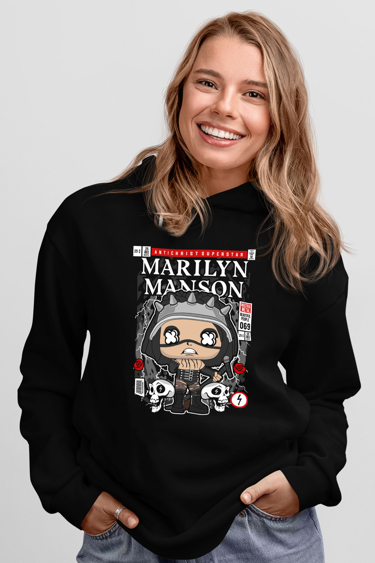 Marilyn Manson Baskılı Unisex Siyah Hoodie