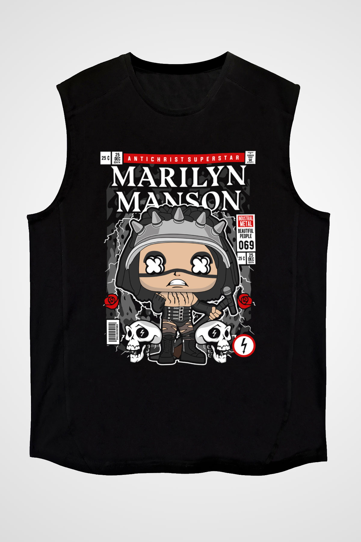 Marilyn Manson Baskılı Unisex Siyah Kolsuz Tişört