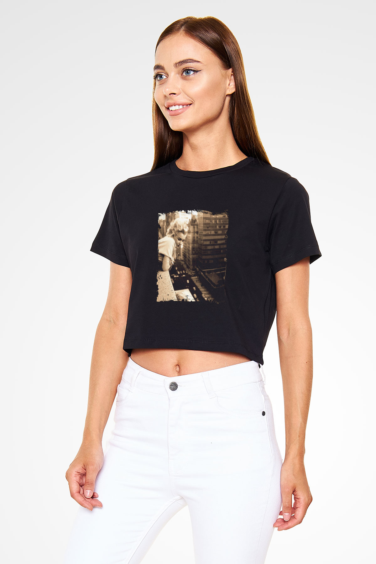 Marilyn Monroe Baskılı Siyah Kadın Crop Top Tişört