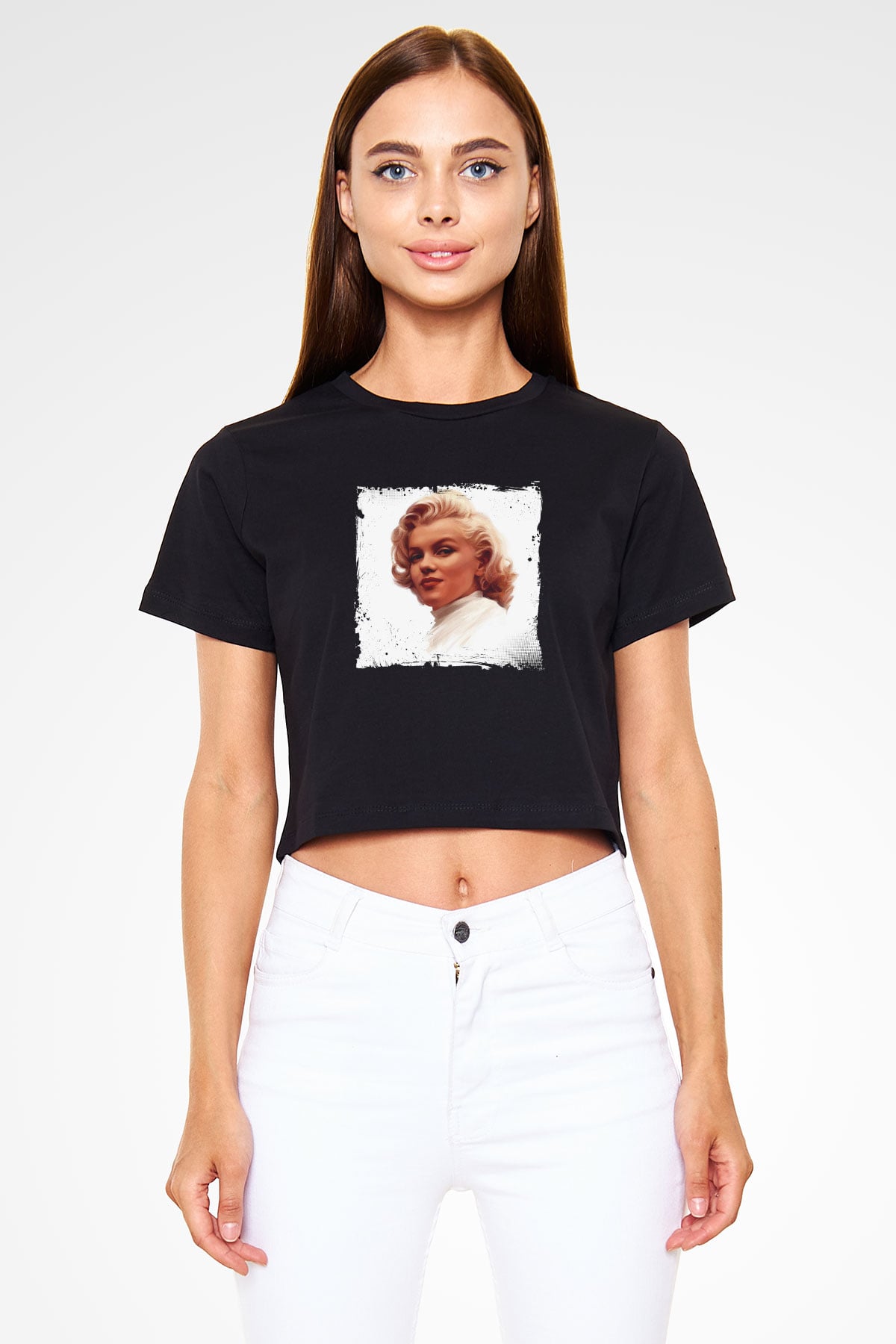 Marilyn Monroe Baskılı Siyah Kadın Crop Top Tişört