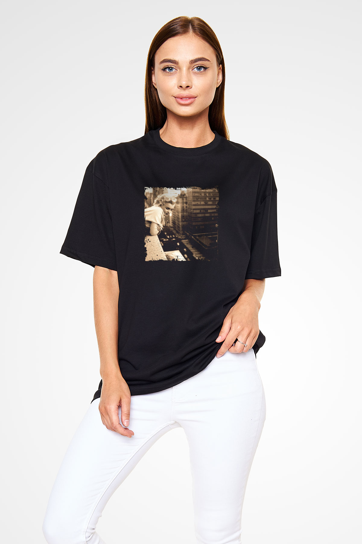 Marilyn Monroe Baskılı Unisex Siyah Oversize Tişört