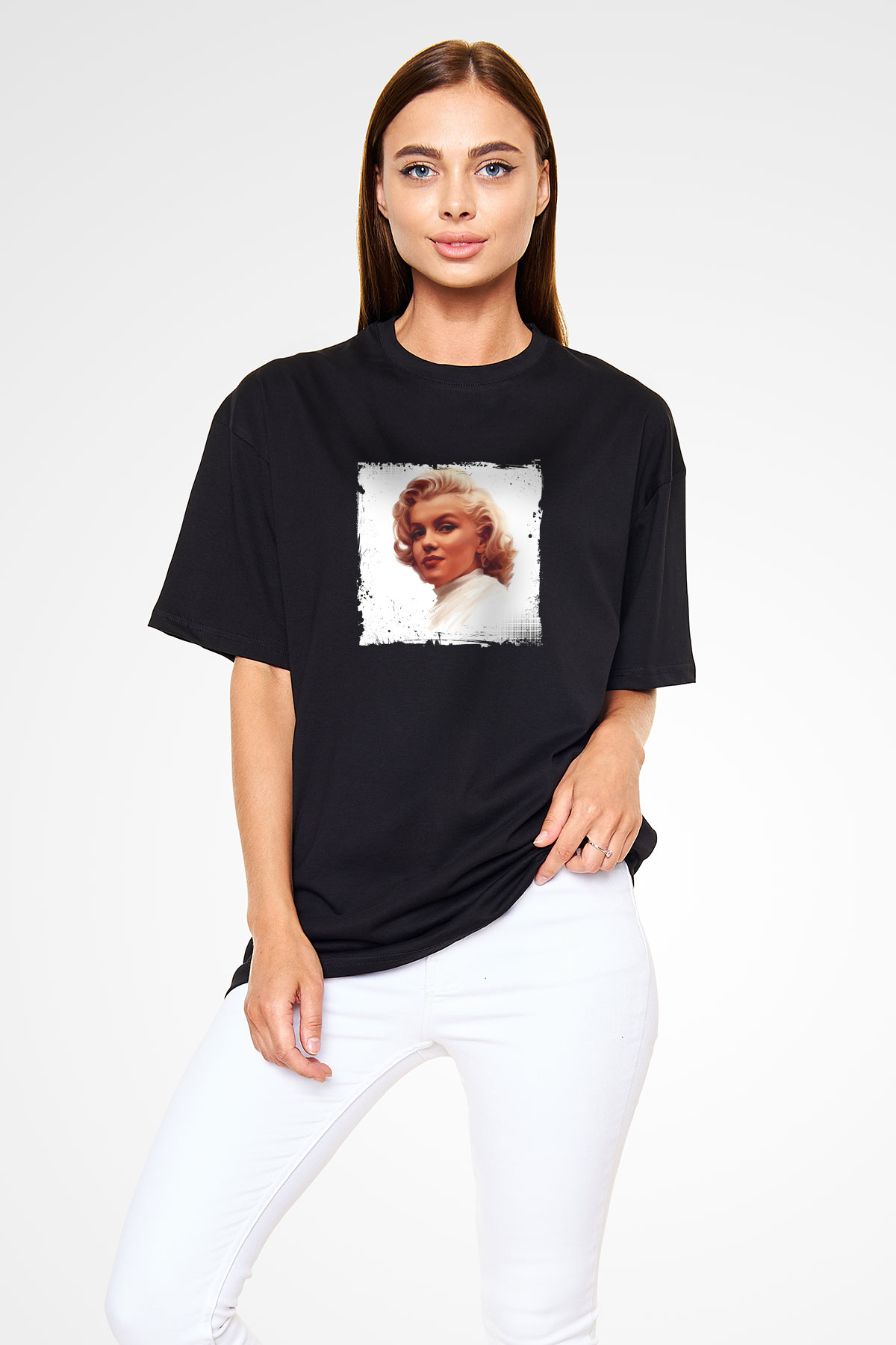 Marilyn Monroe Baskılı Unisex Siyah Oversize Tişört