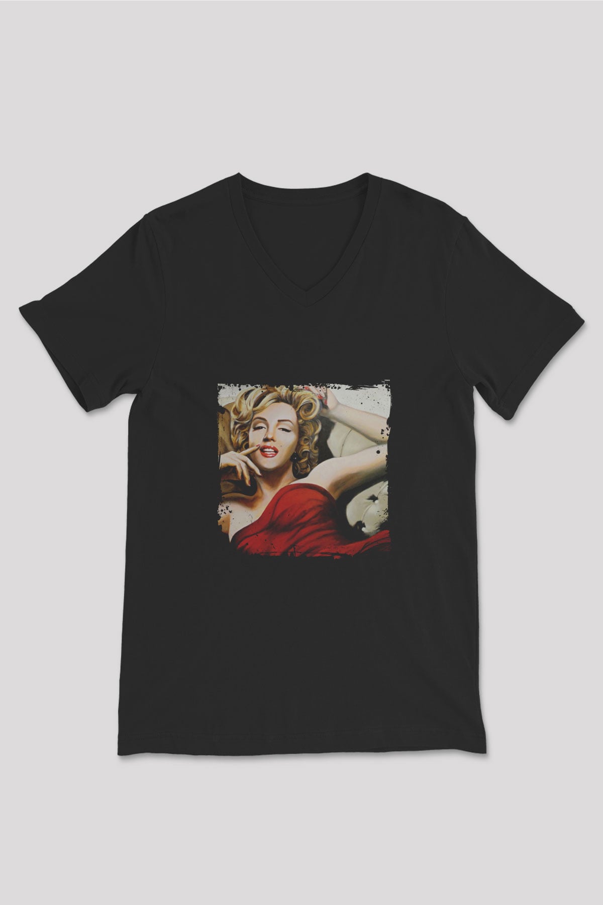 Marilyn Monroe Baskılı Unisex Siyah V Yaka Tişört