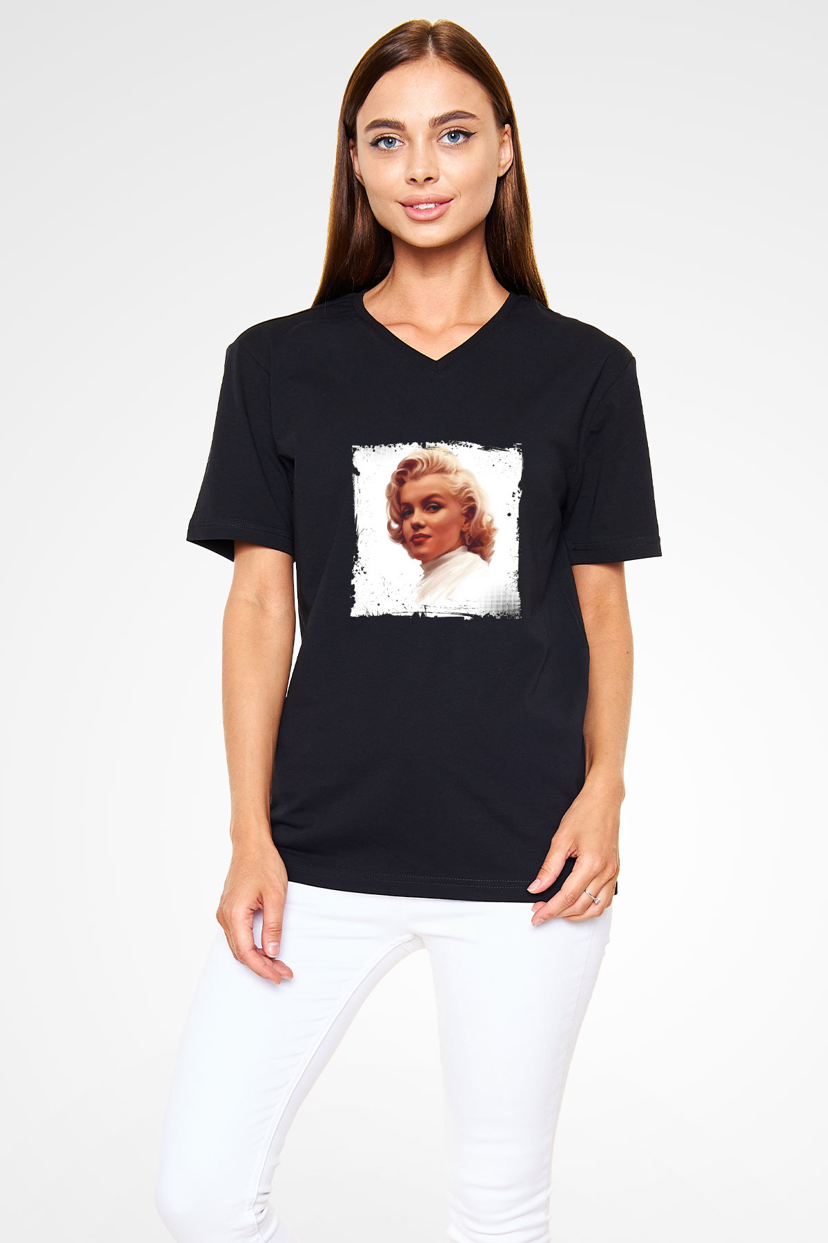 Marilyn Monroe Baskılı Unisex Siyah V Yaka Tişört