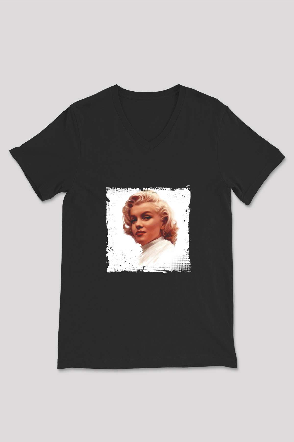 Marilyn Monroe Baskılı Unisex Siyah V Yaka Tişört