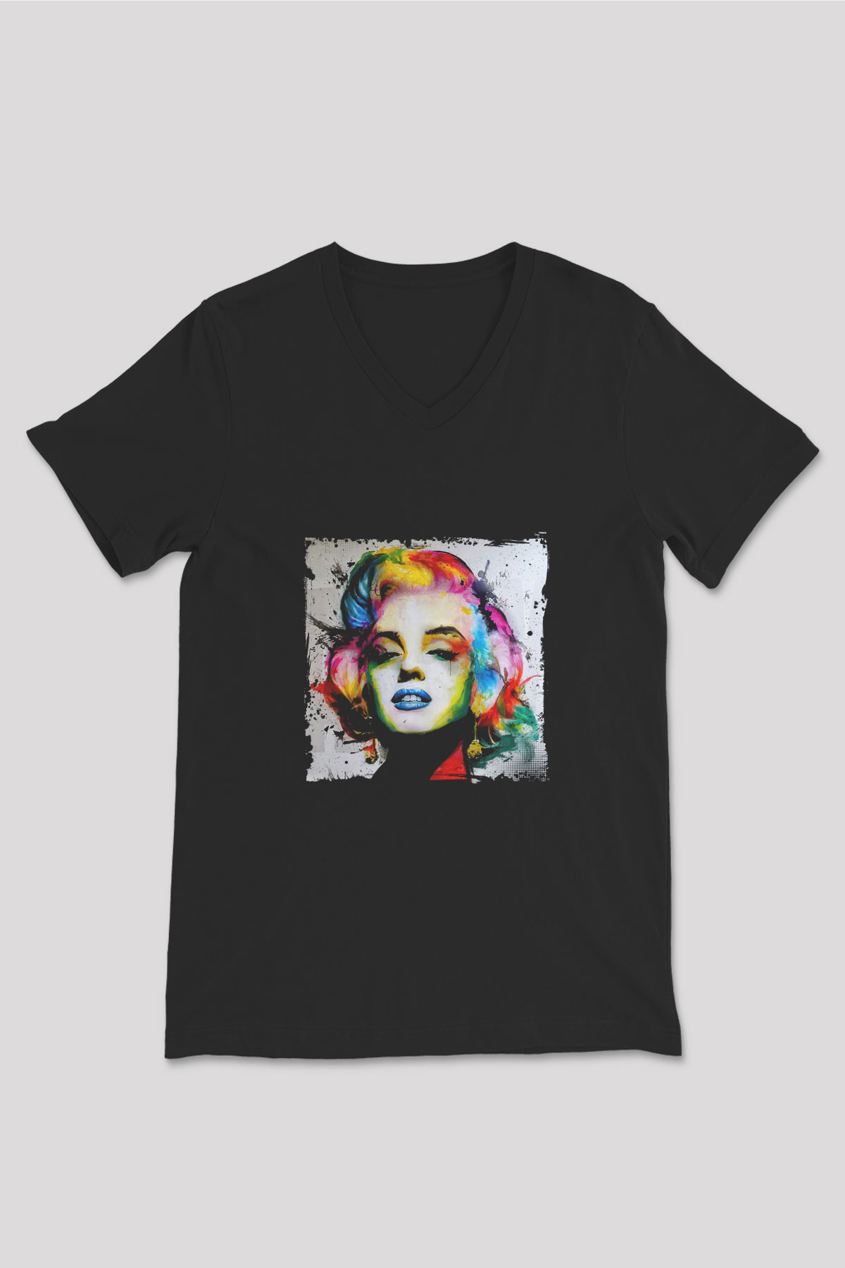 Marilyn Monroe Baskılı Unisex Siyah V Yaka Tişört