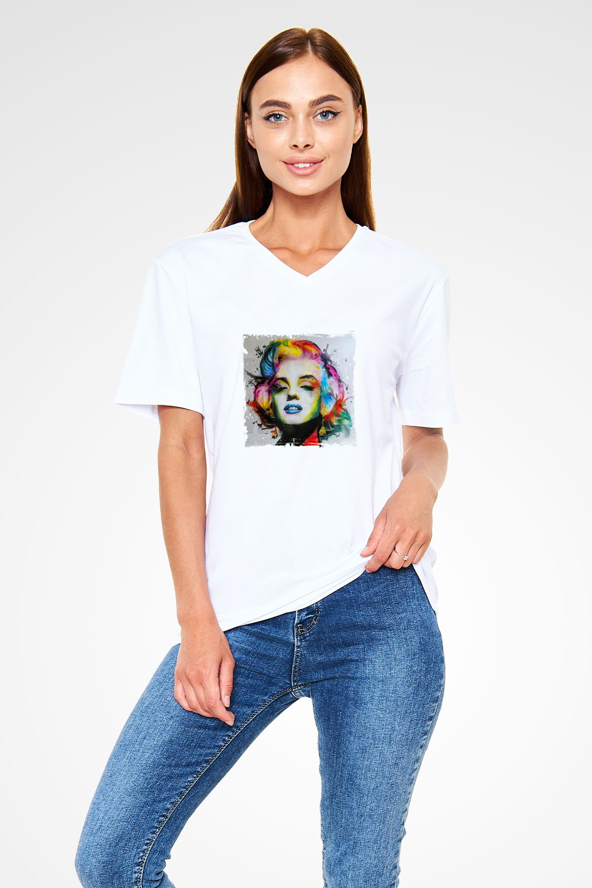 Marilyn Monroe Baskılı V Yaka Unisex Beyaz Tişört