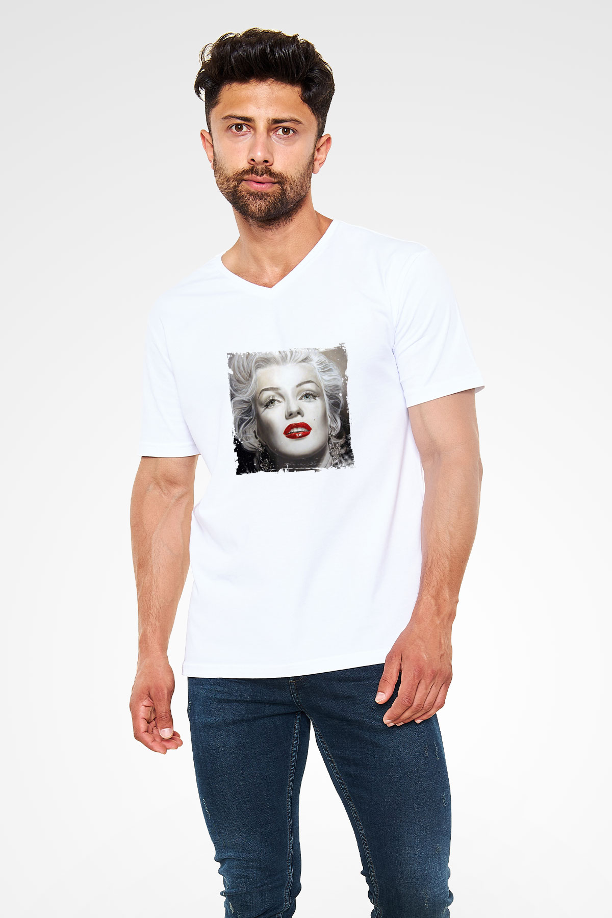 Marilyn Monroe Baskılı V Yaka Unisex Beyaz Tişört