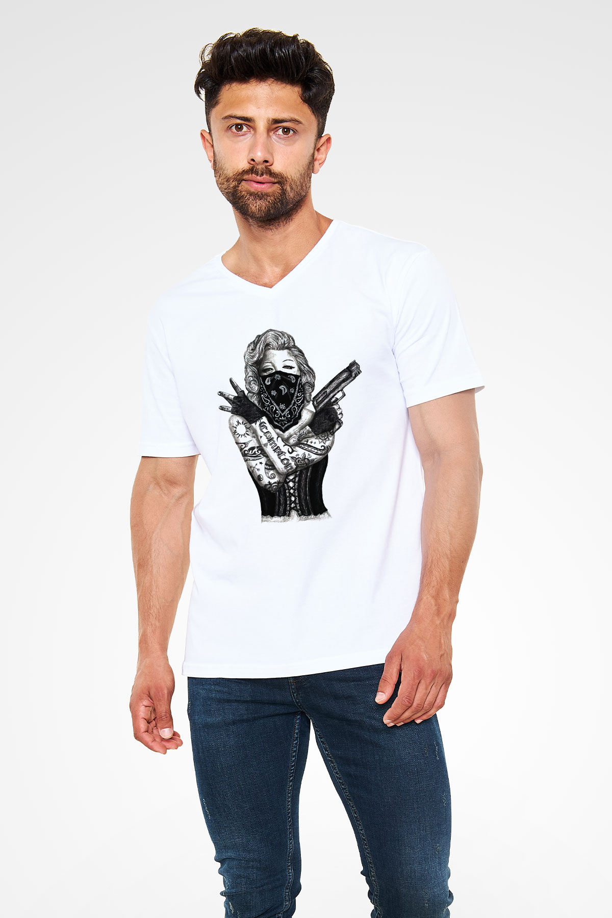 Marilyn Monroe Beyaz Unisex V Yaka Tişört T-Shirt