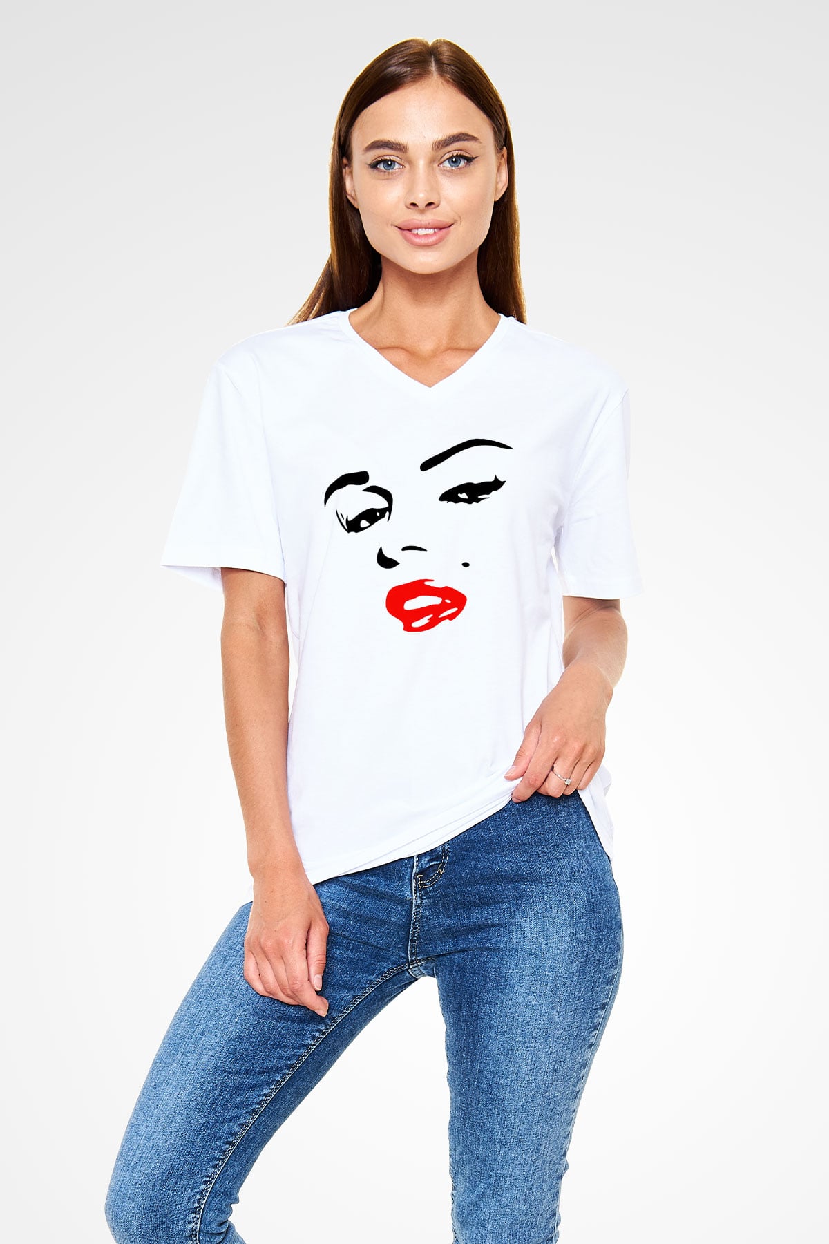 Marilyn Monroe Beyaz Unisex V Yaka Tişört T-Shirt