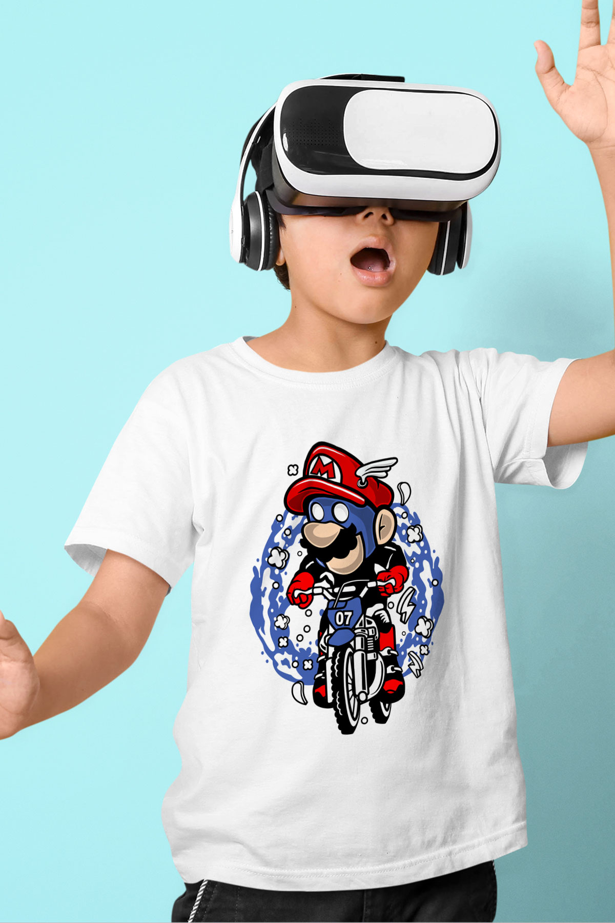 Mario Biker Baskılı Beyaz Unisex Çocuk Tişört