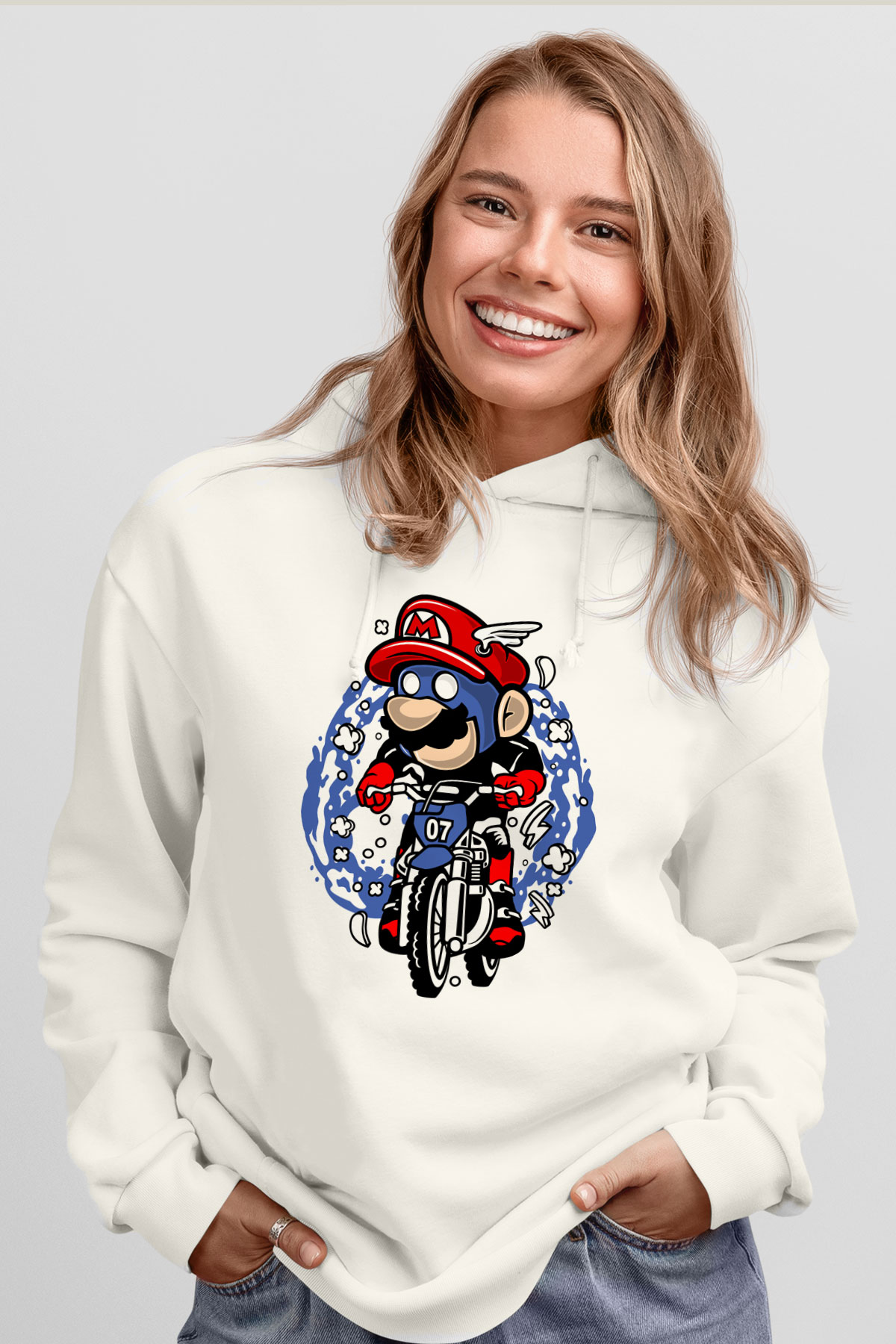 Mario Biker Baskılı Beyaz Unisex Hoodie