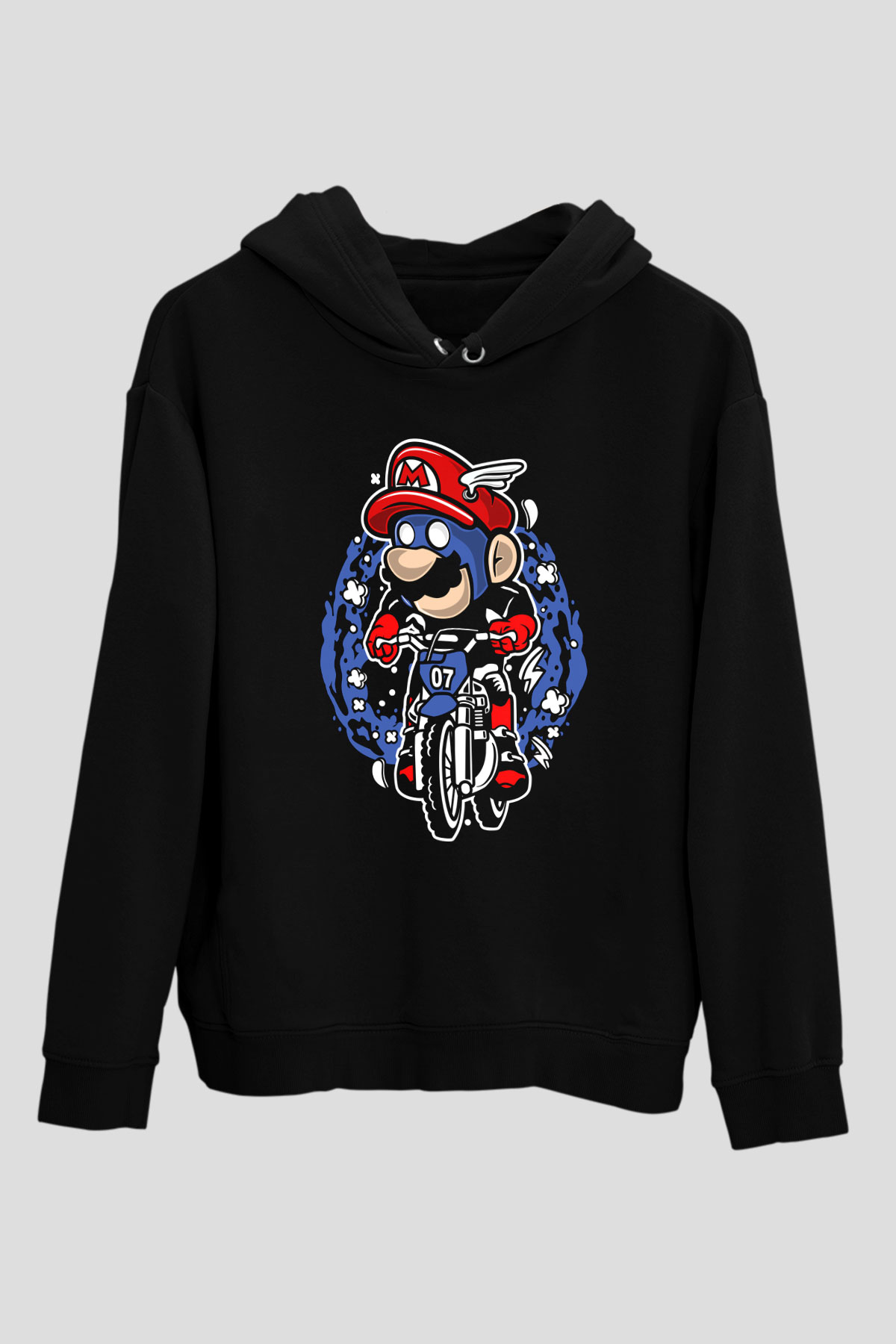 Mario Biker Baskılı Siyah Unisex Hoodie