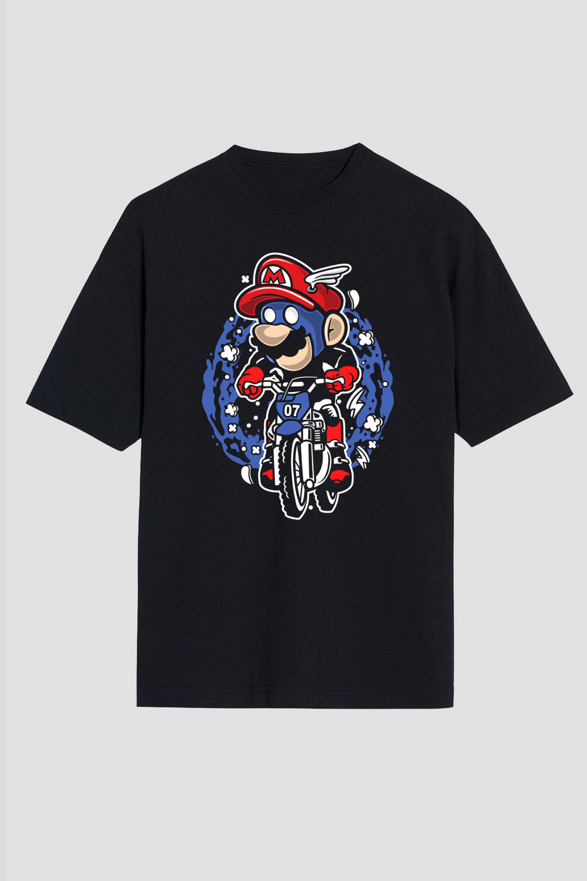 Mario Biker Baskılı Siyah Unisex Oversize Tişört