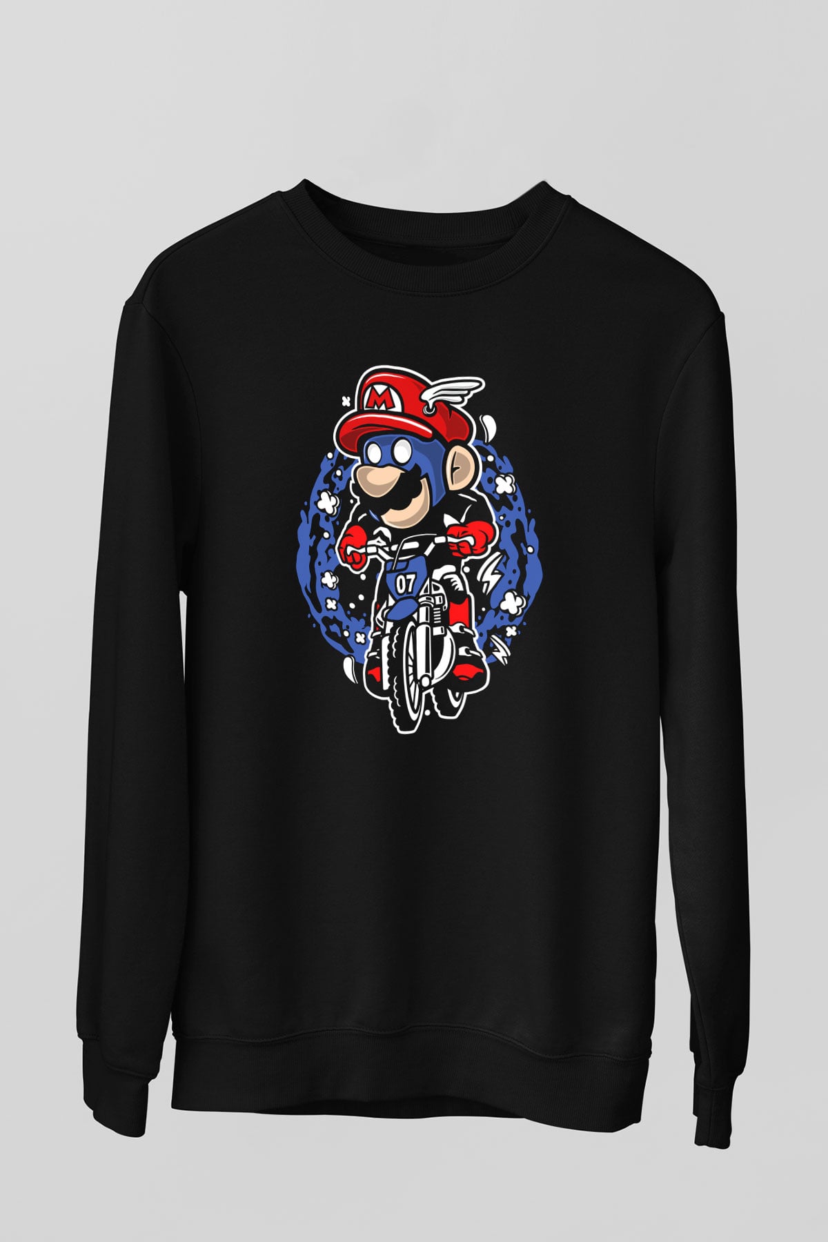 Mario Biker Baskılı Siyah Unisex Sweatshirt