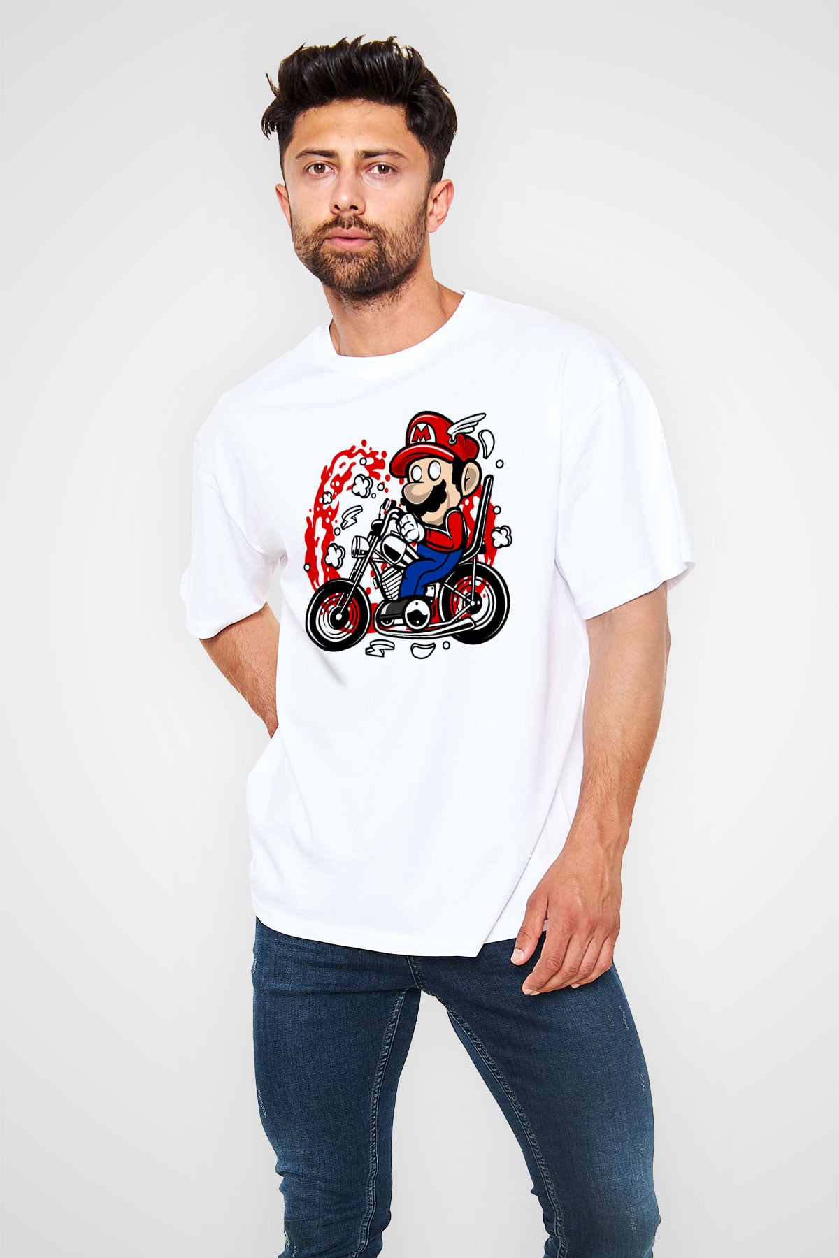 Mario Chopper Rider Beyaz Unisex Oversize Tişört