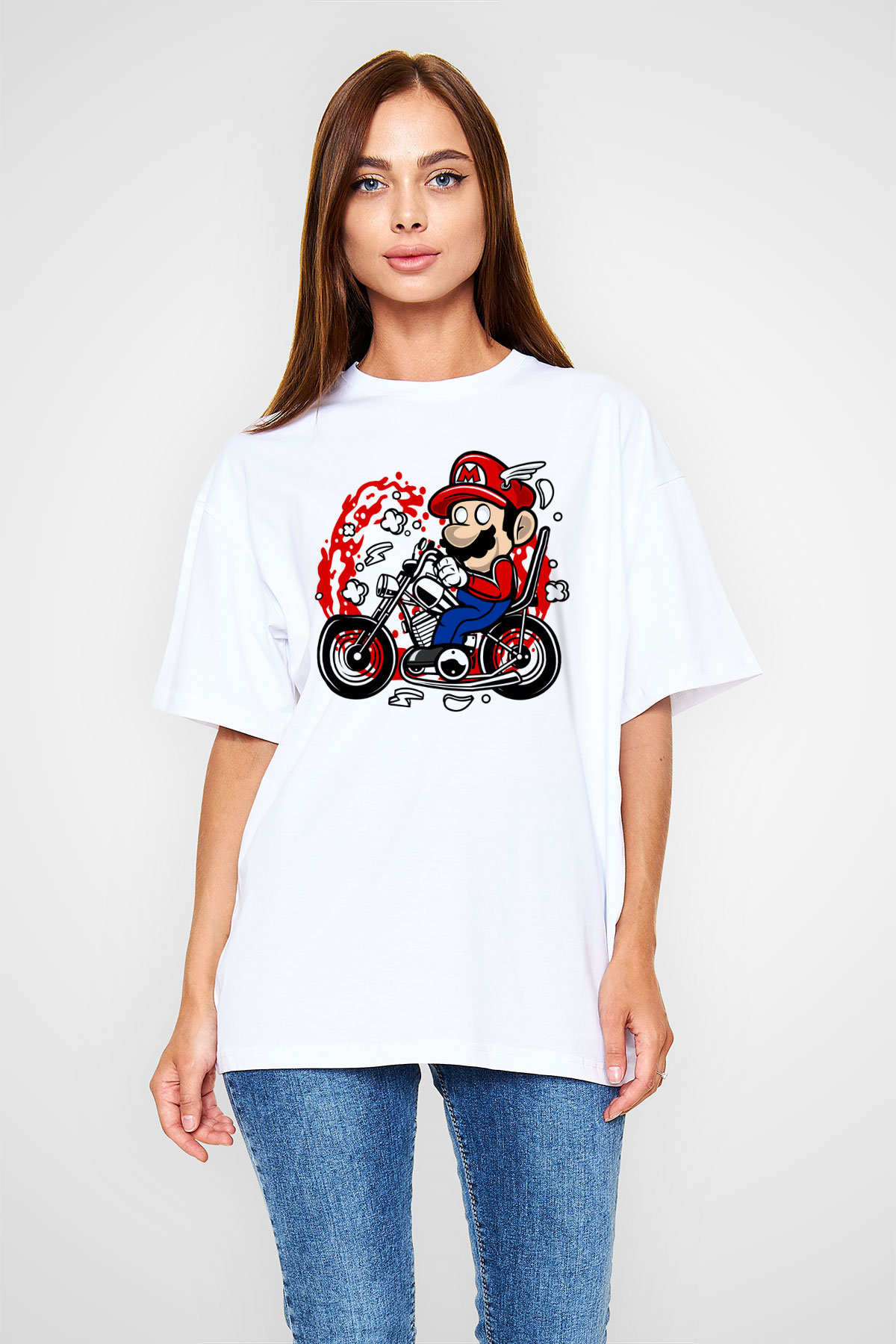 Mario Chopper Rider Beyaz Unisex Oversize Tişört