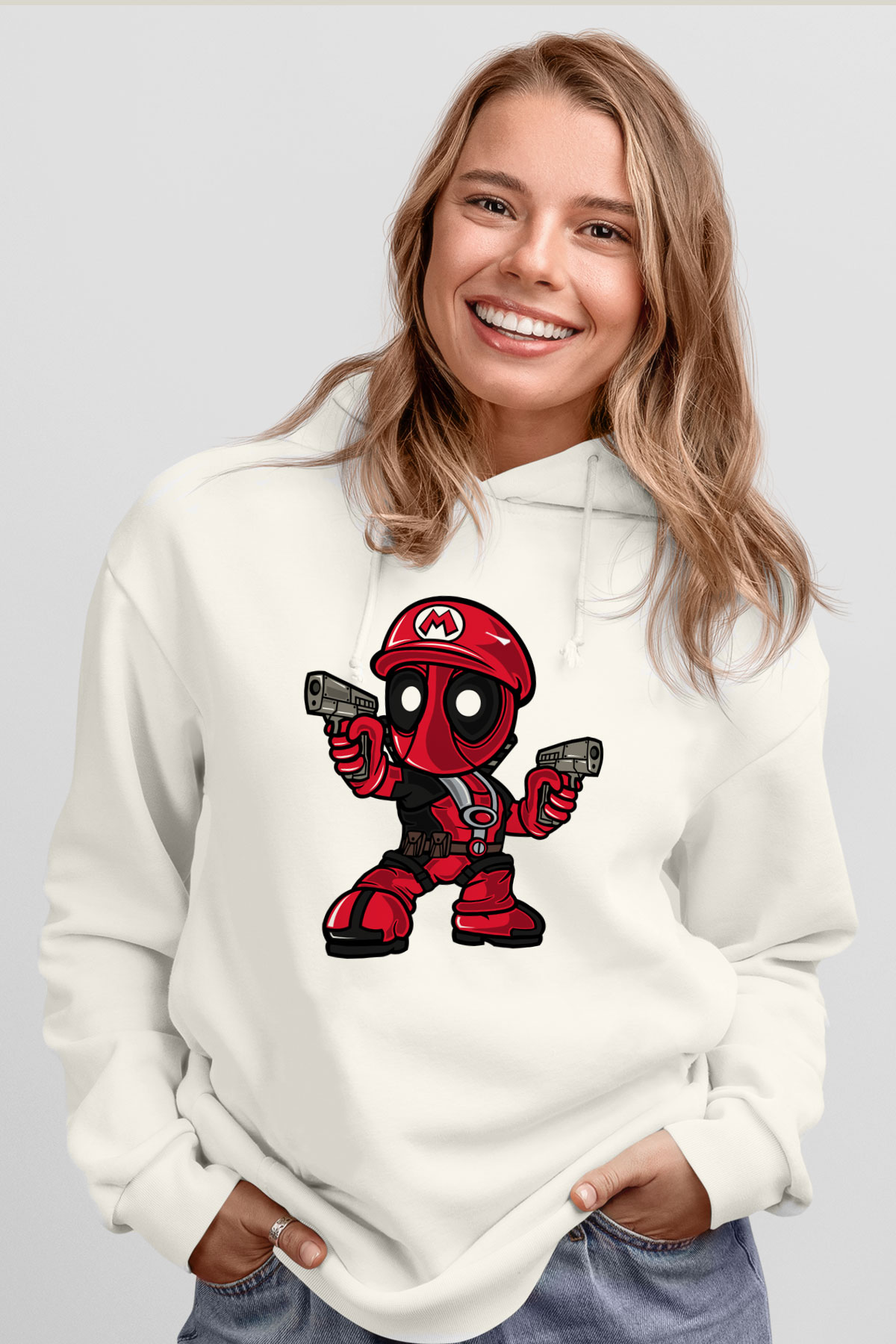 Mario Deadpool Baskılı Beyaz Unisex Hoodie