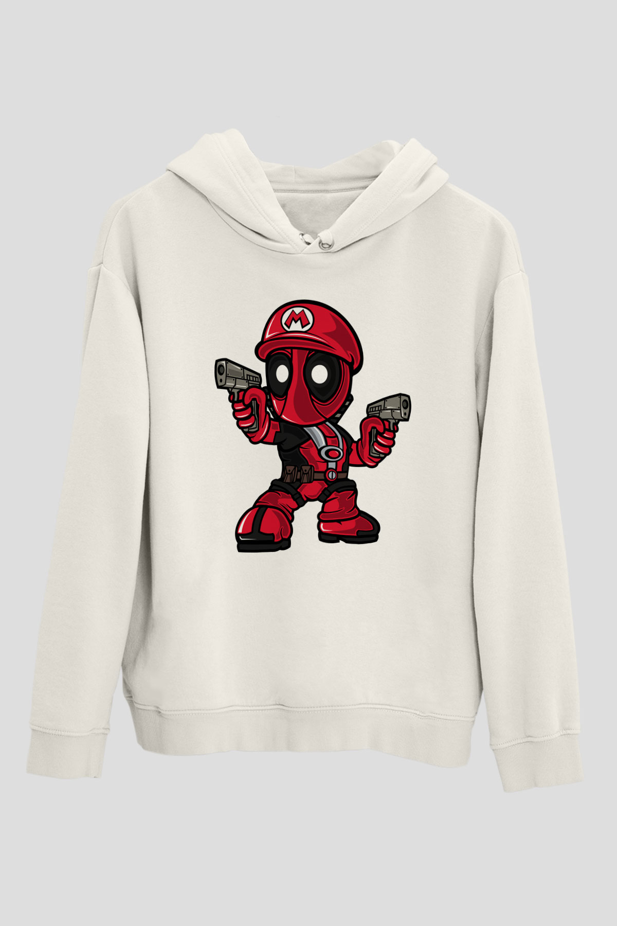Mario Deadpool Baskılı Beyaz Unisex Hoodie