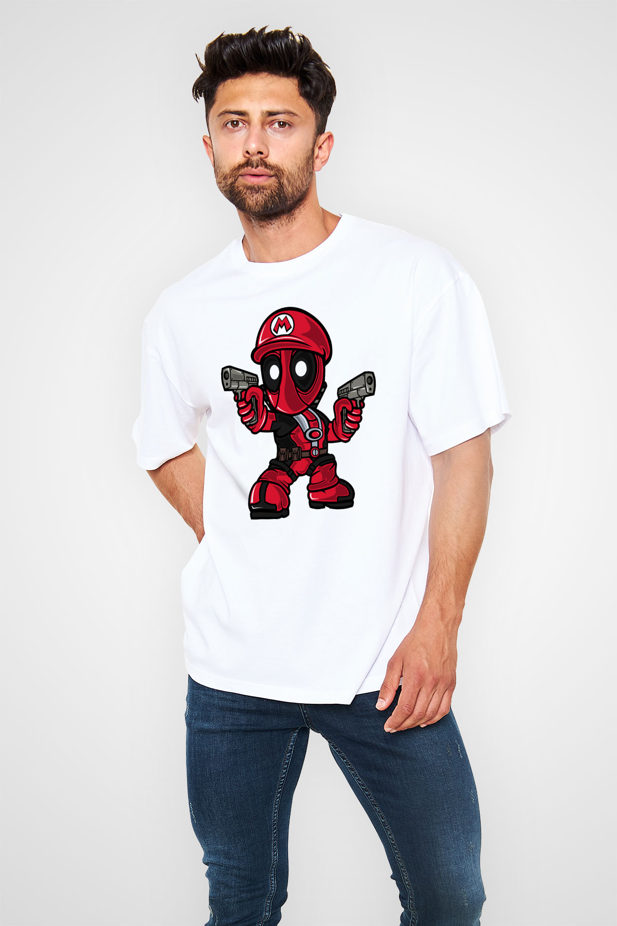 Mario Deadpool Baskılı Beyaz Unisex Oversize Tişört