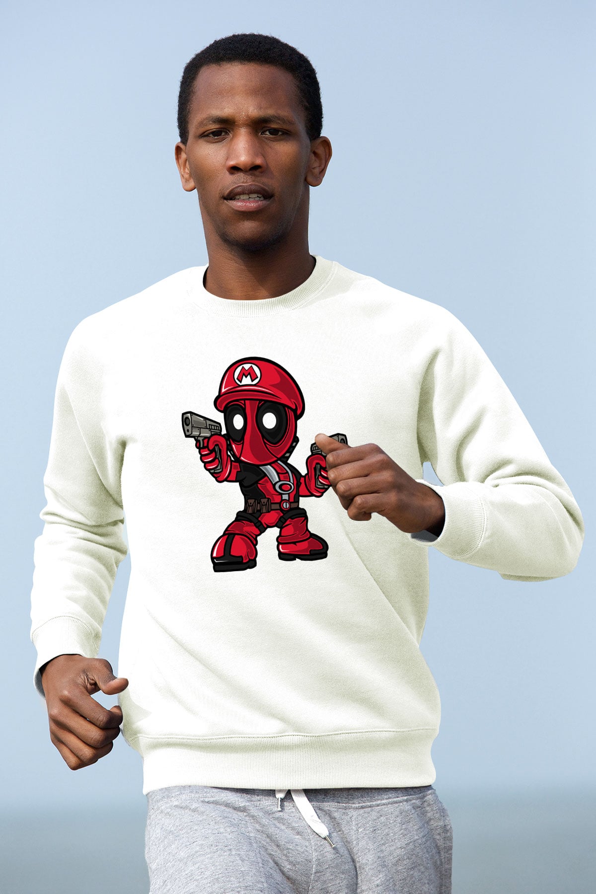 Mario Deadpool Baskılı Beyaz Unisex Sweatshirt