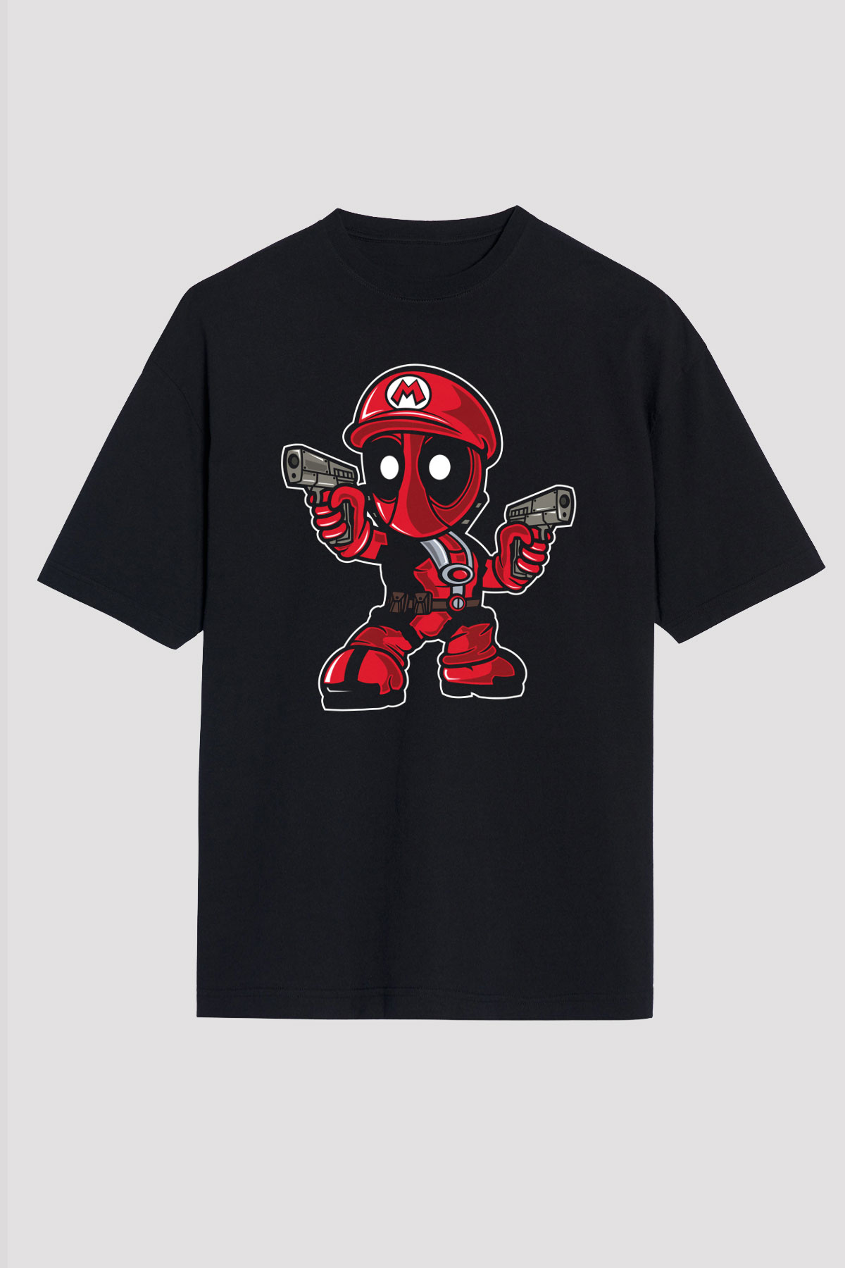 Mario Deadpool Baskılı Siyah Unisex Oversize Tişört