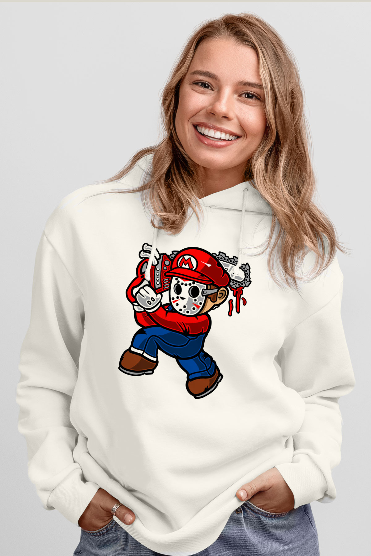 Mario Massacre Baskılı Beyaz Unisex Hoodie