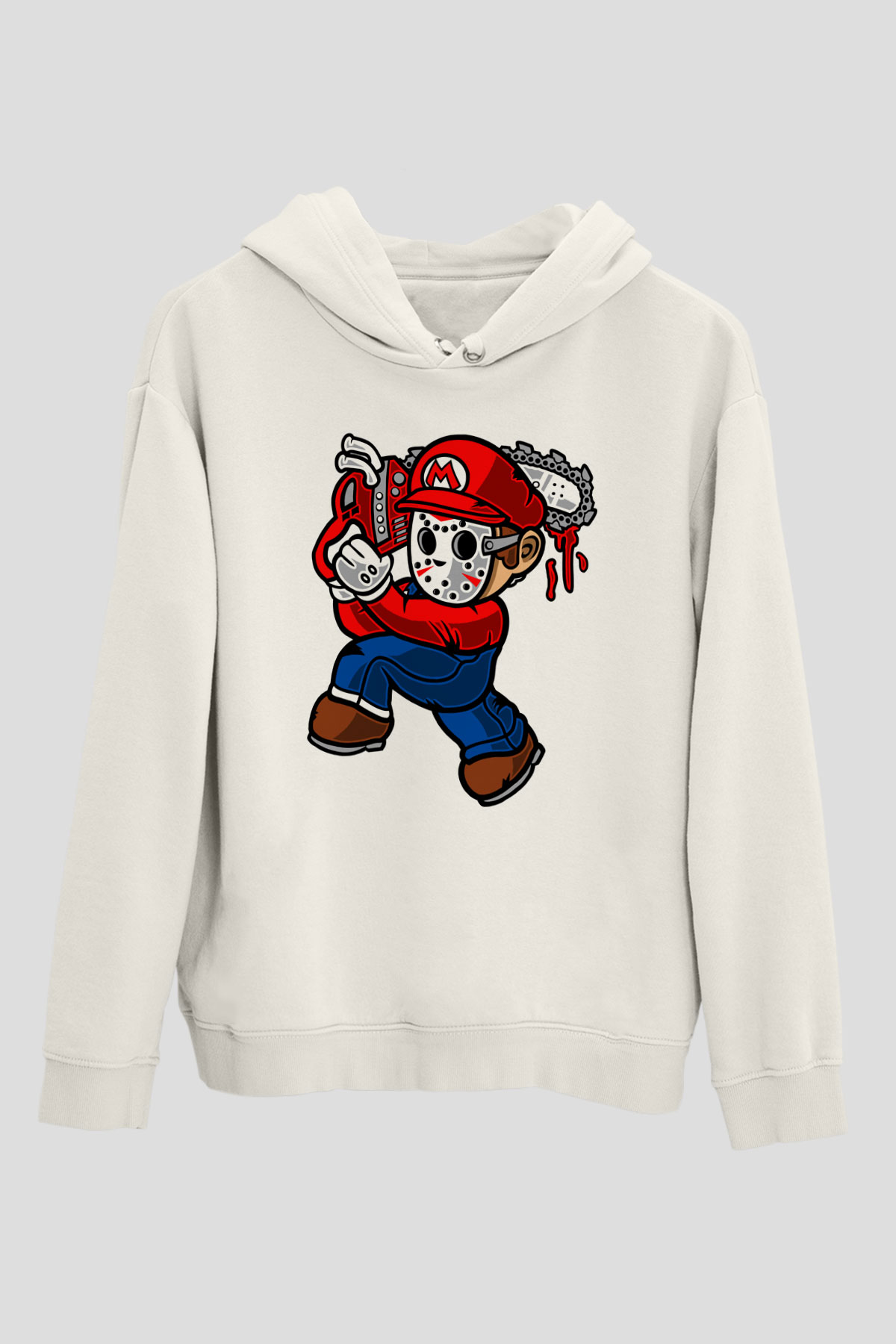 Mario Massacre Baskılı Beyaz Unisex Hoodie