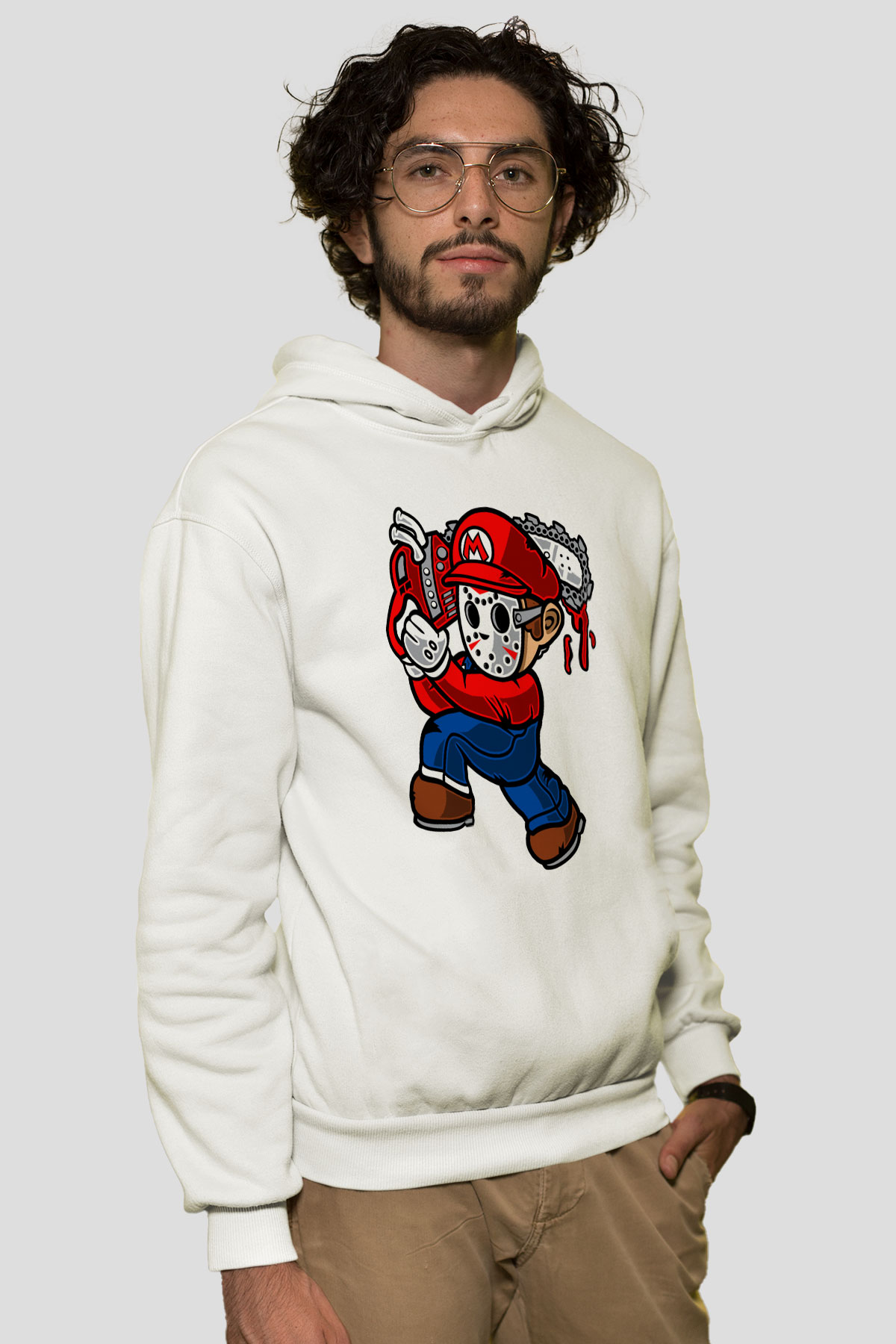Mario Massacre Baskılı Beyaz Unisex Hoodie