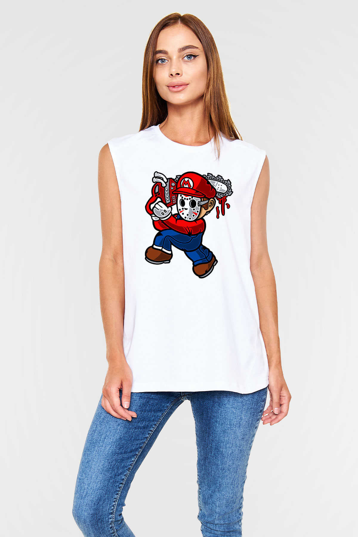 Mario Massacre Baskılı Beyaz Unisex Kolsuz Tişört