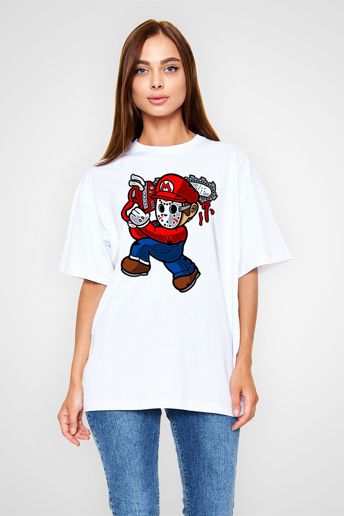 Mario Massacre Baskılı Beyaz Unisex Oversize Tişört