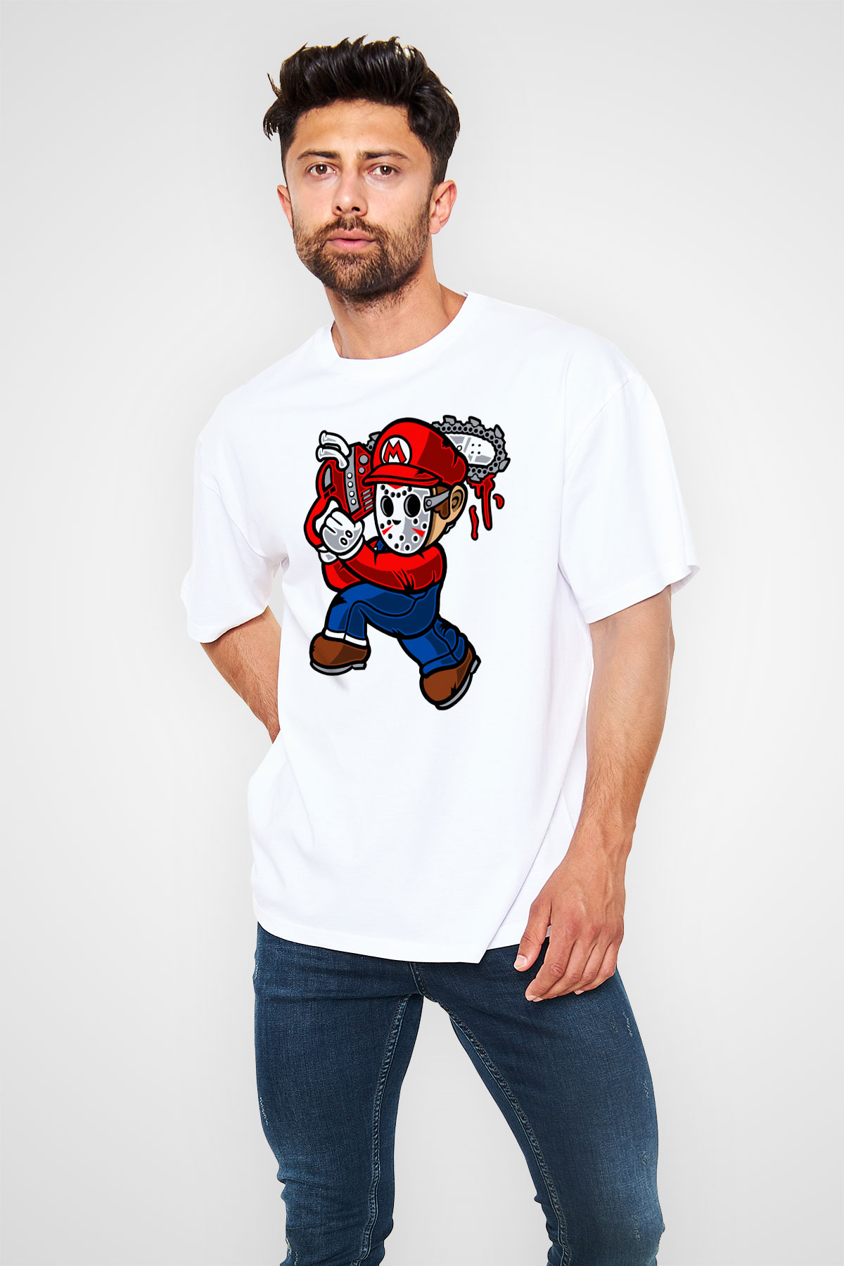 Mario Massacre Baskılı Beyaz Unisex Oversize Tişört