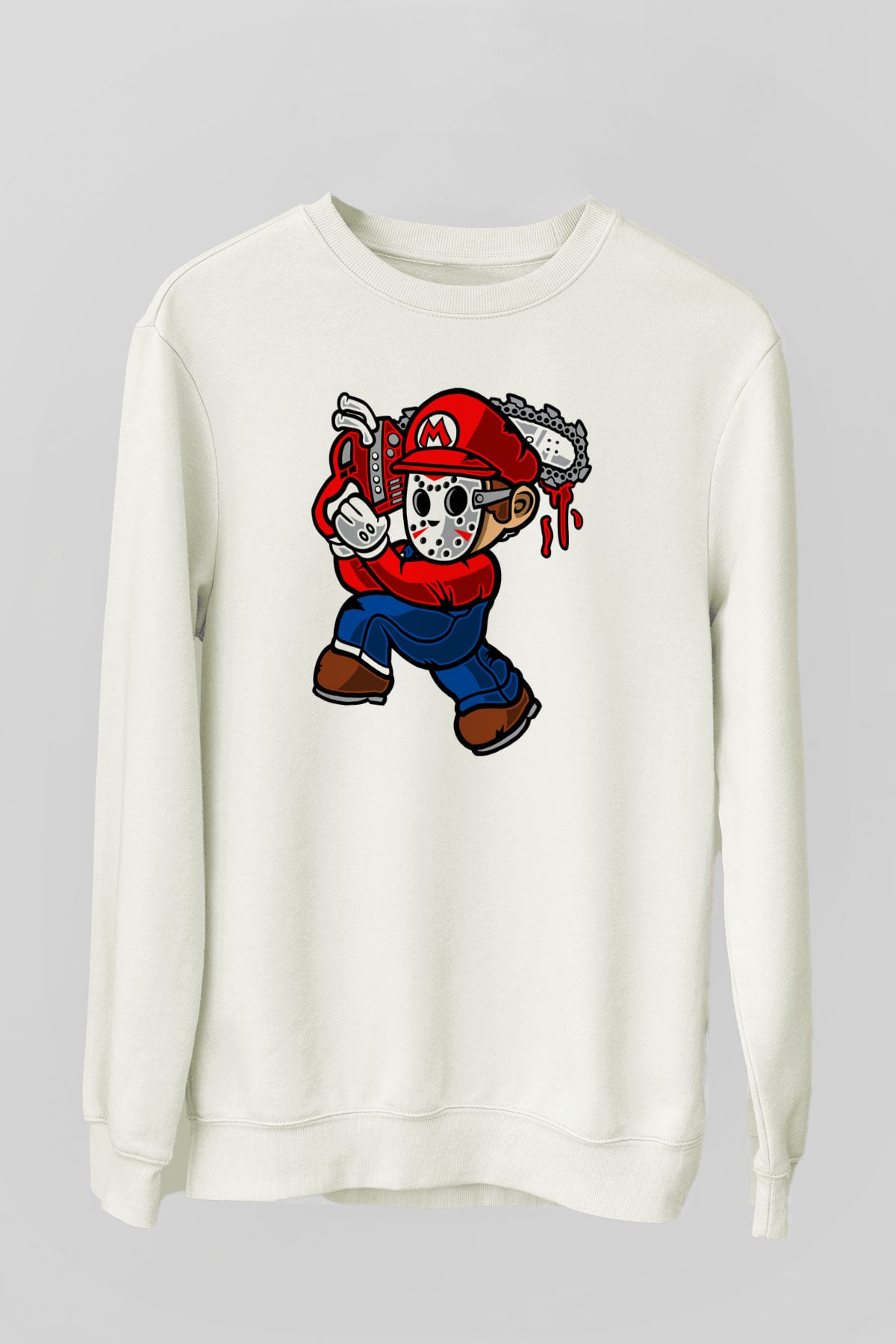 Mario Massacre Baskılı Beyaz Unisex Sweatshirt