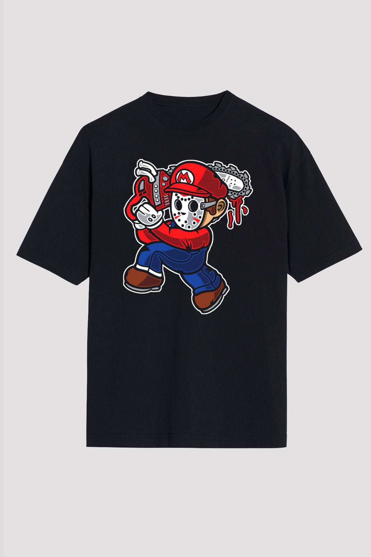 Mario Massacre Baskılı Siyah Unisex Oversize Tişört