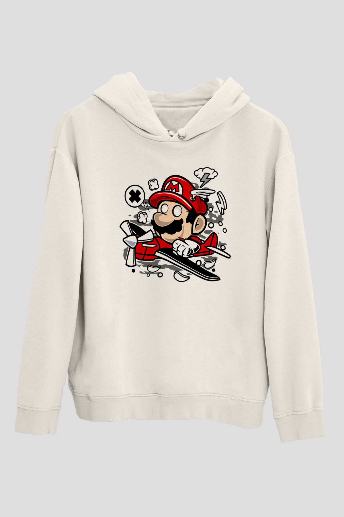 Mario Pilot Baskılı Beyaz Unisex Hoodie