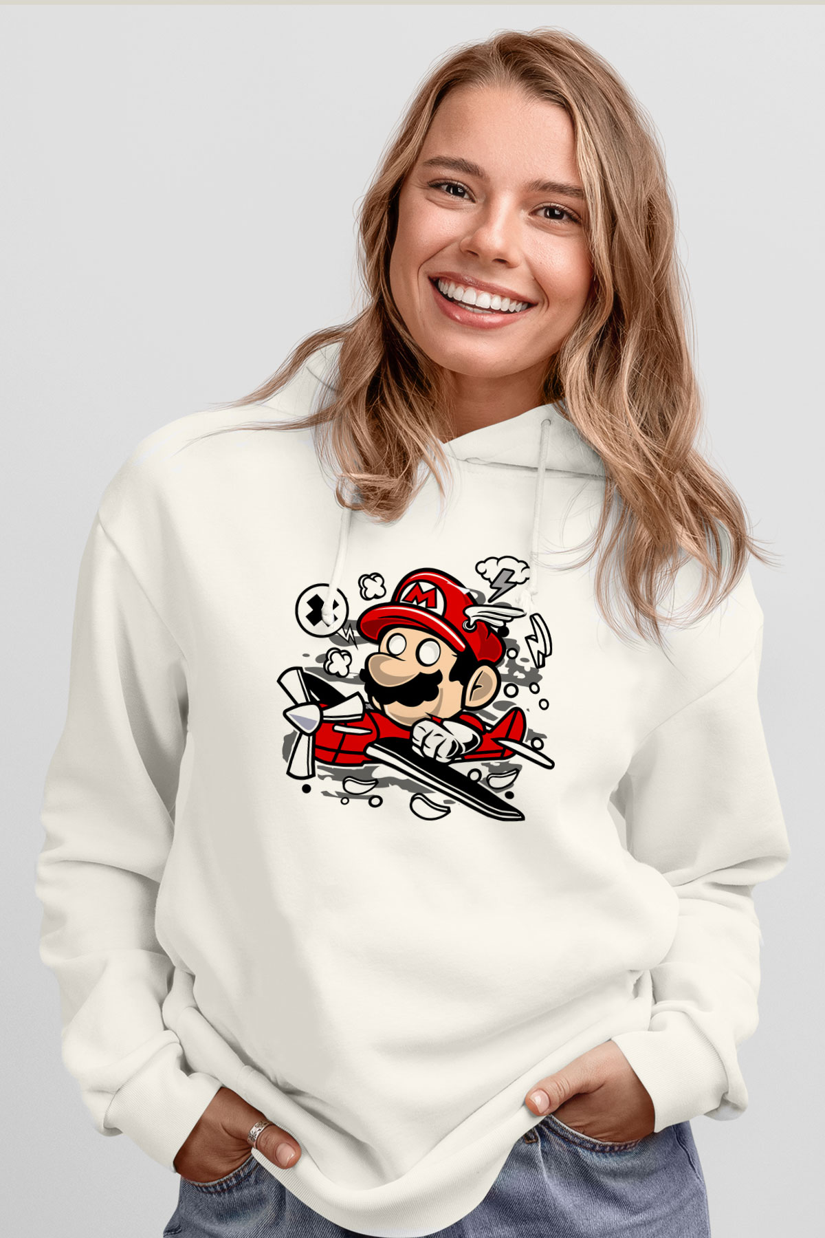 Mario Pilot Baskılı Beyaz Unisex Hoodie