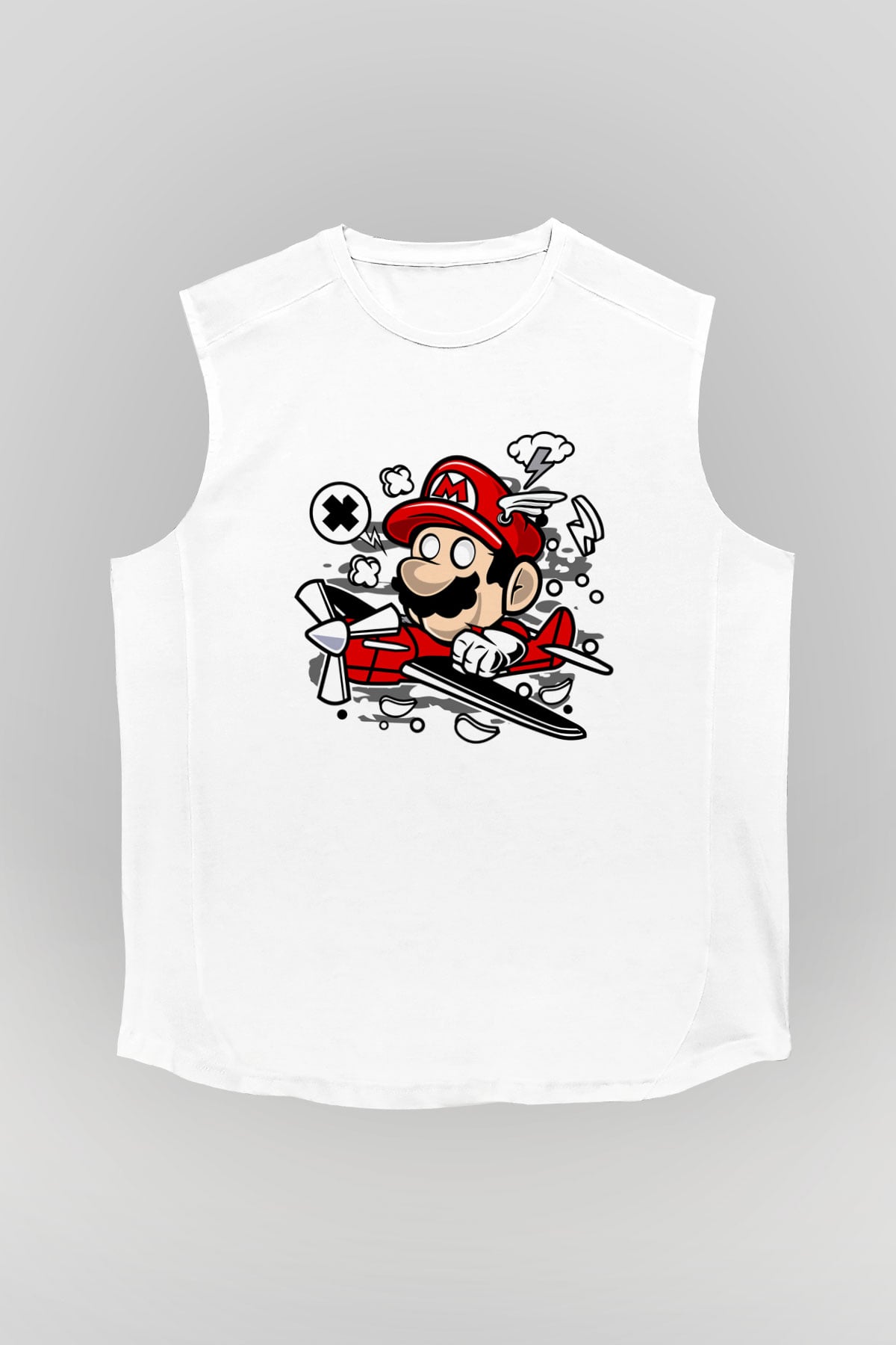 Mario Pilot Baskılı Beyaz Unisex Kolsuz Tişört