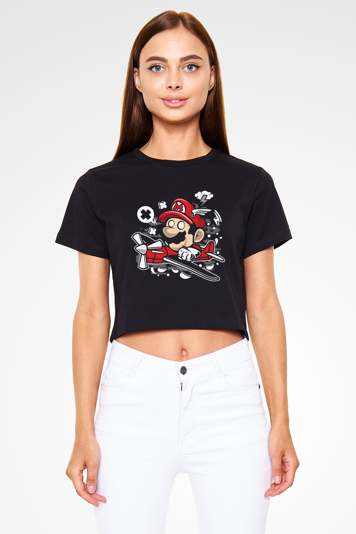 Mario Pilot Baskılı Siyah   Crop Top Tişört
