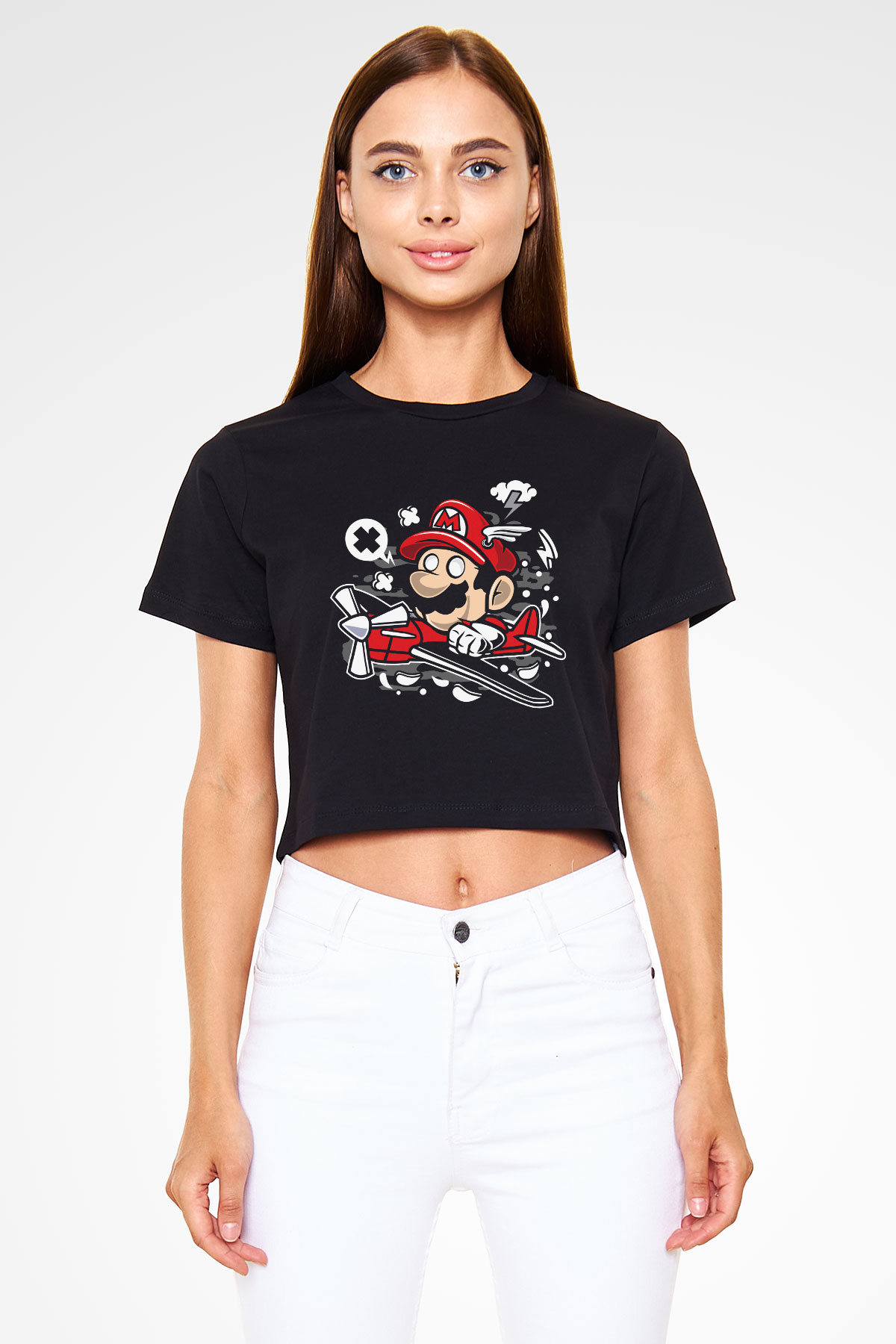 Mario Pilot Baskılı Siyah Kadın Crop Top Tişört