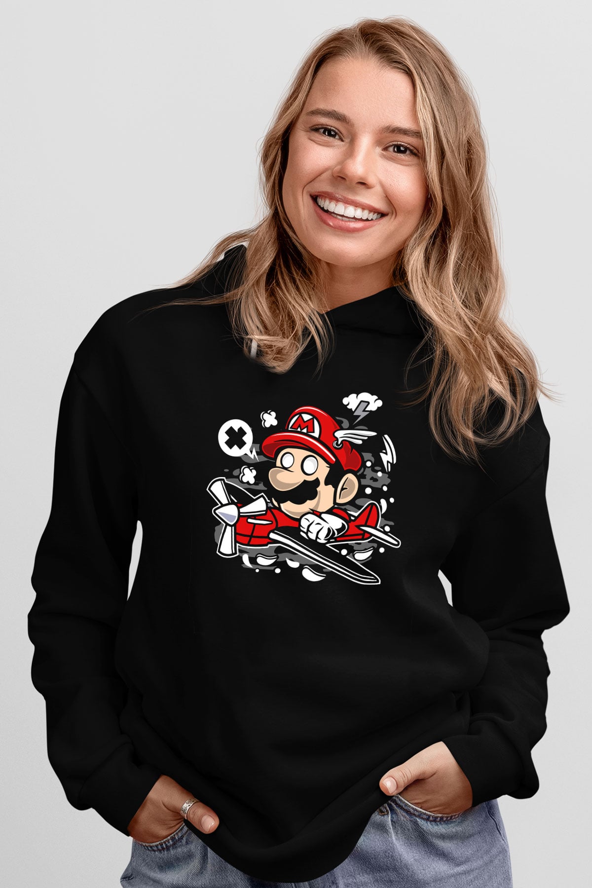 Mario Pilot Baskılı Siyah Unisex Hoodie