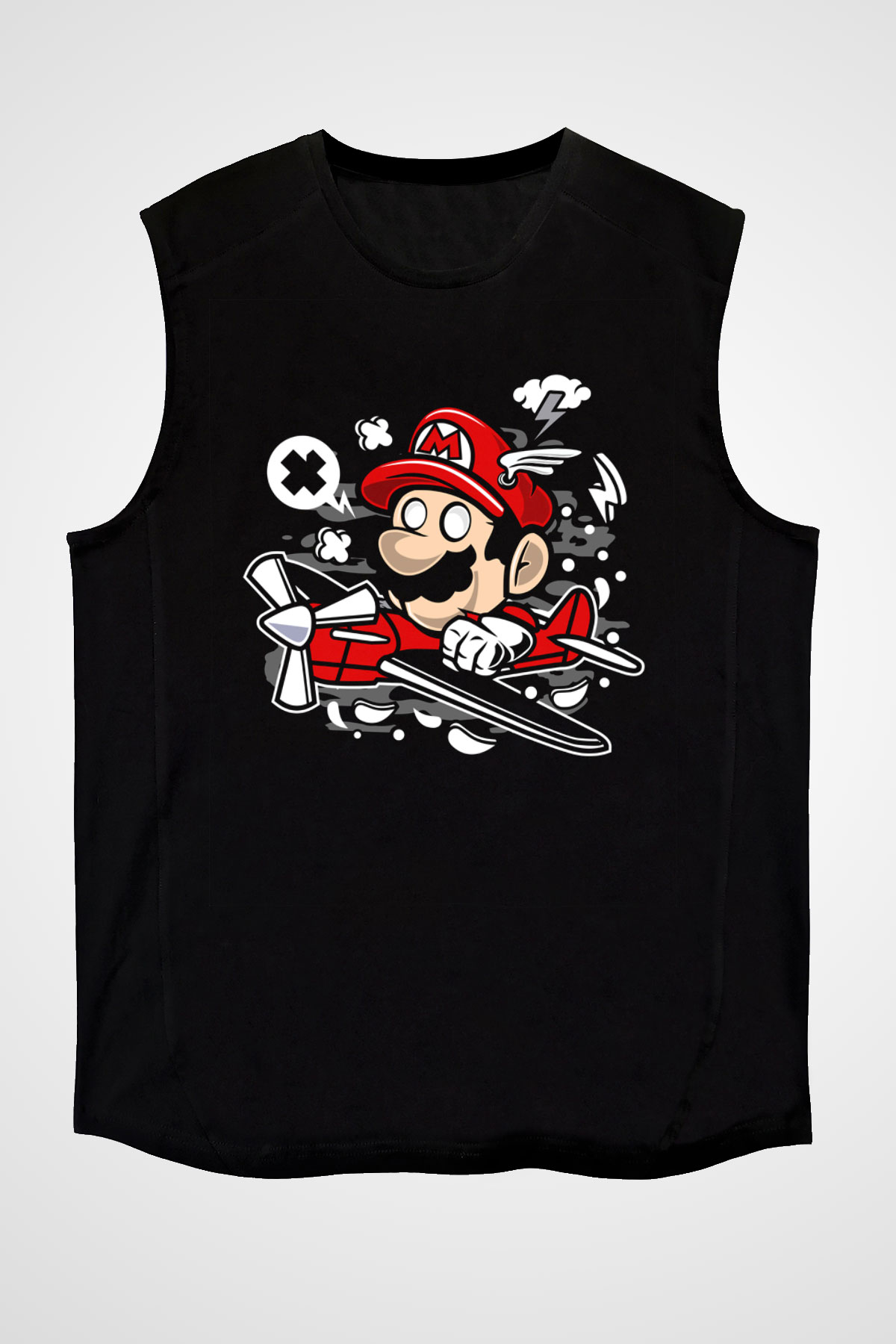 Mario Pilot Baskılı Siyah Unisex Kolsuz Tişört