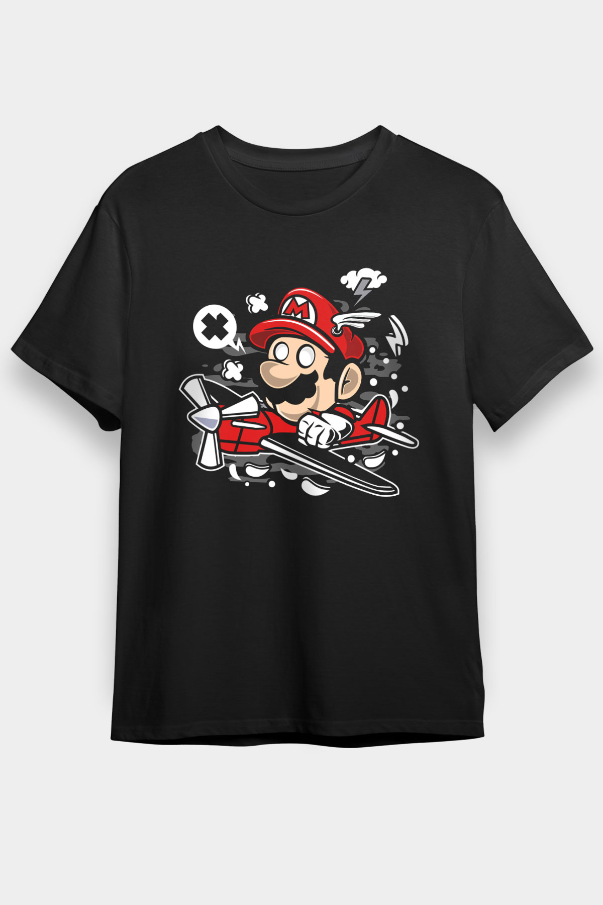 Mario Pilot Baskılı Siyah Unisex Tişört